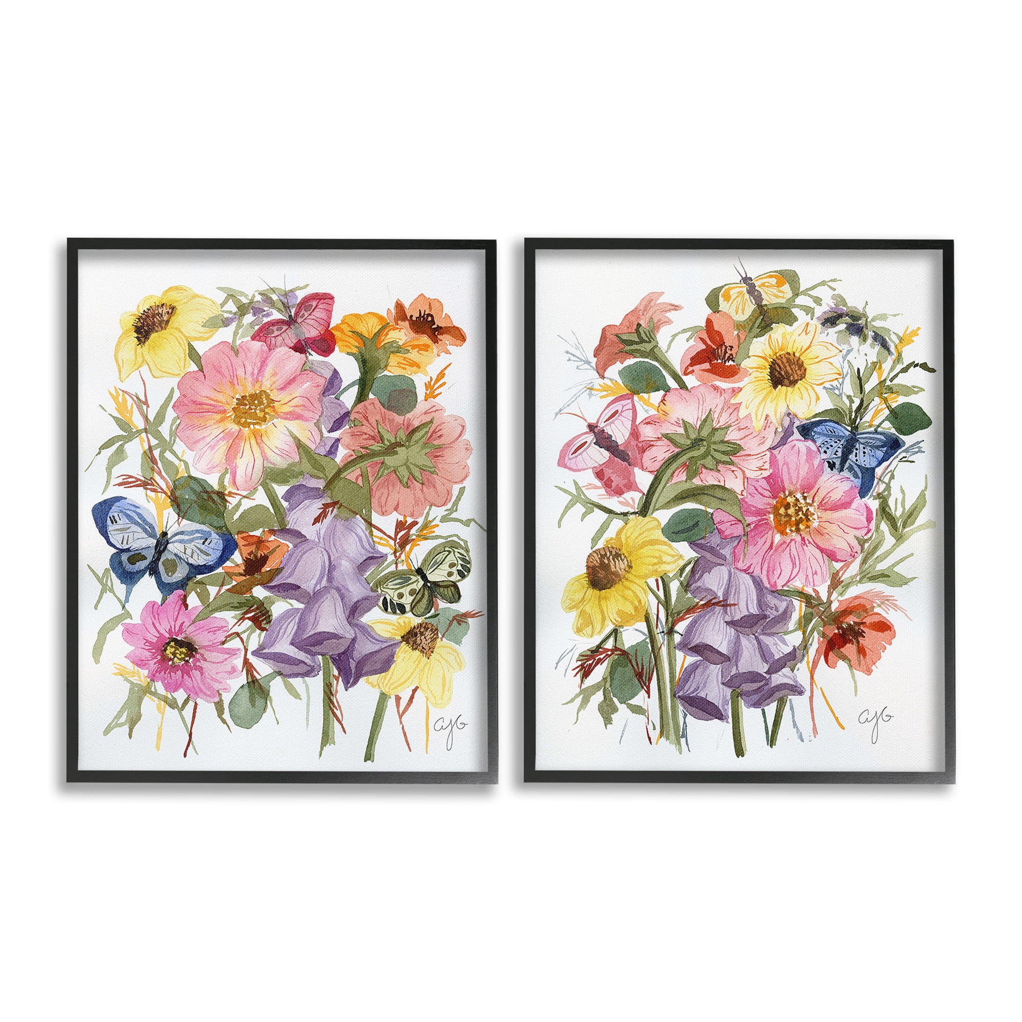 Stupell Industries Traditional Butterflies & Florals Botanical & Floral Painting Black Framed Art Print Wall Art, 11 x 14, Set of 2