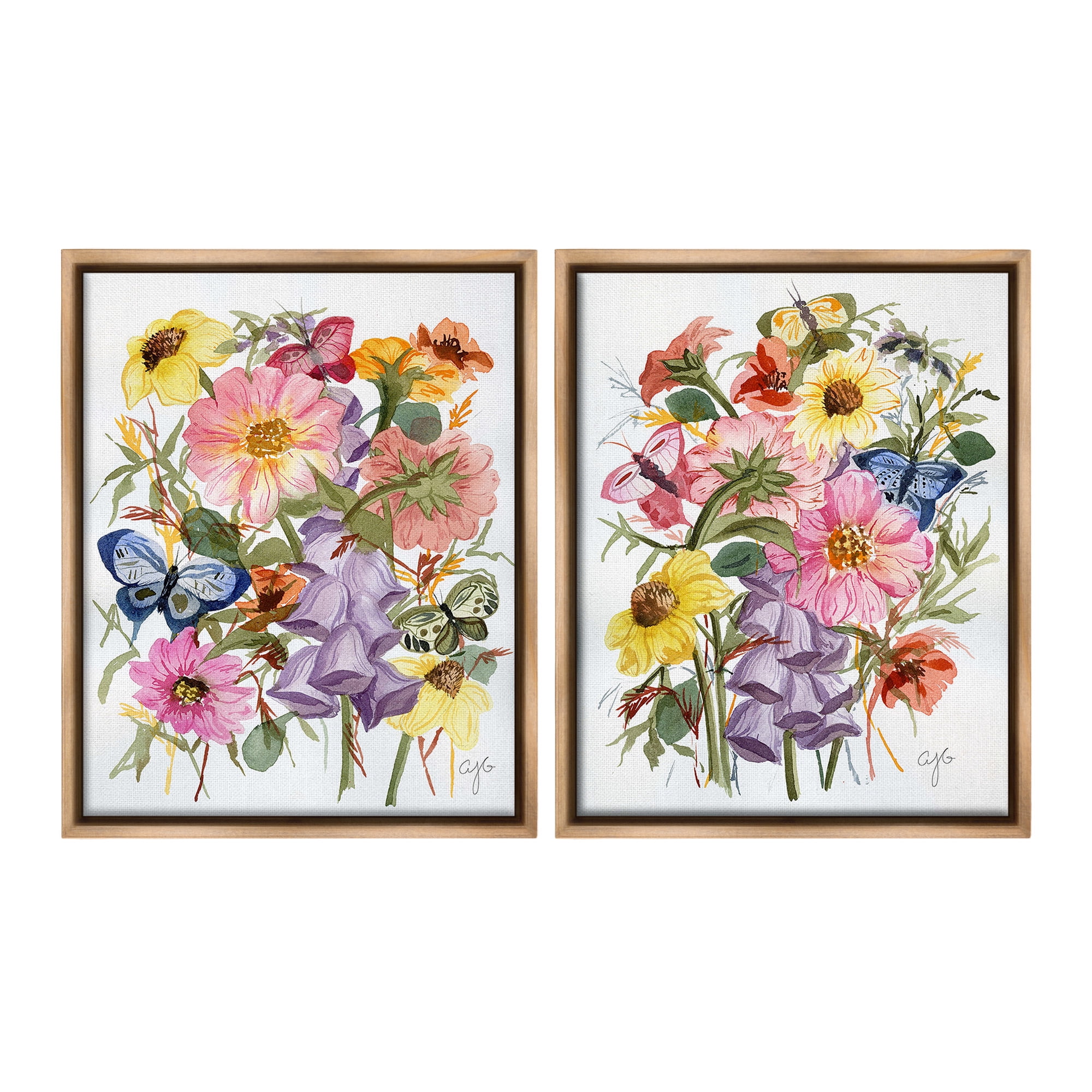 Stupell Industries Traditional Butterflies & Florals Botanical & Floral Painting Brown Floater Framed Canvas Art Print Wall Art, 25 x 31, Set of 2