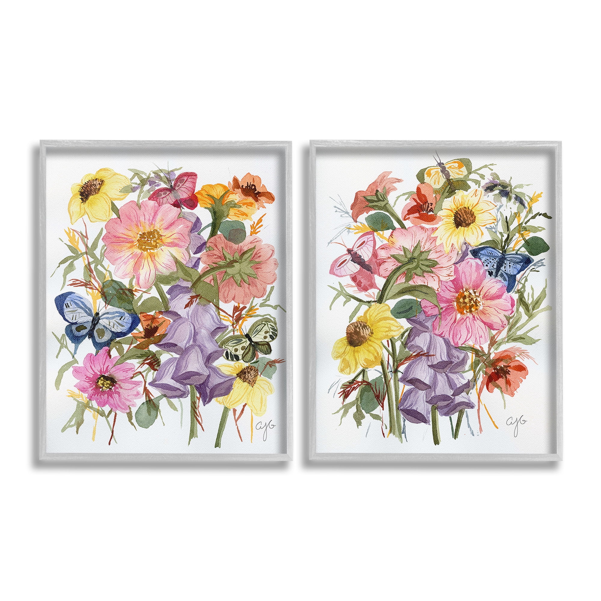Stupell Industries Traditional Butterflies & Florals Botanical & Floral Painting Gray Framed Art Print Wall Art, 16 x 20, Set of 2