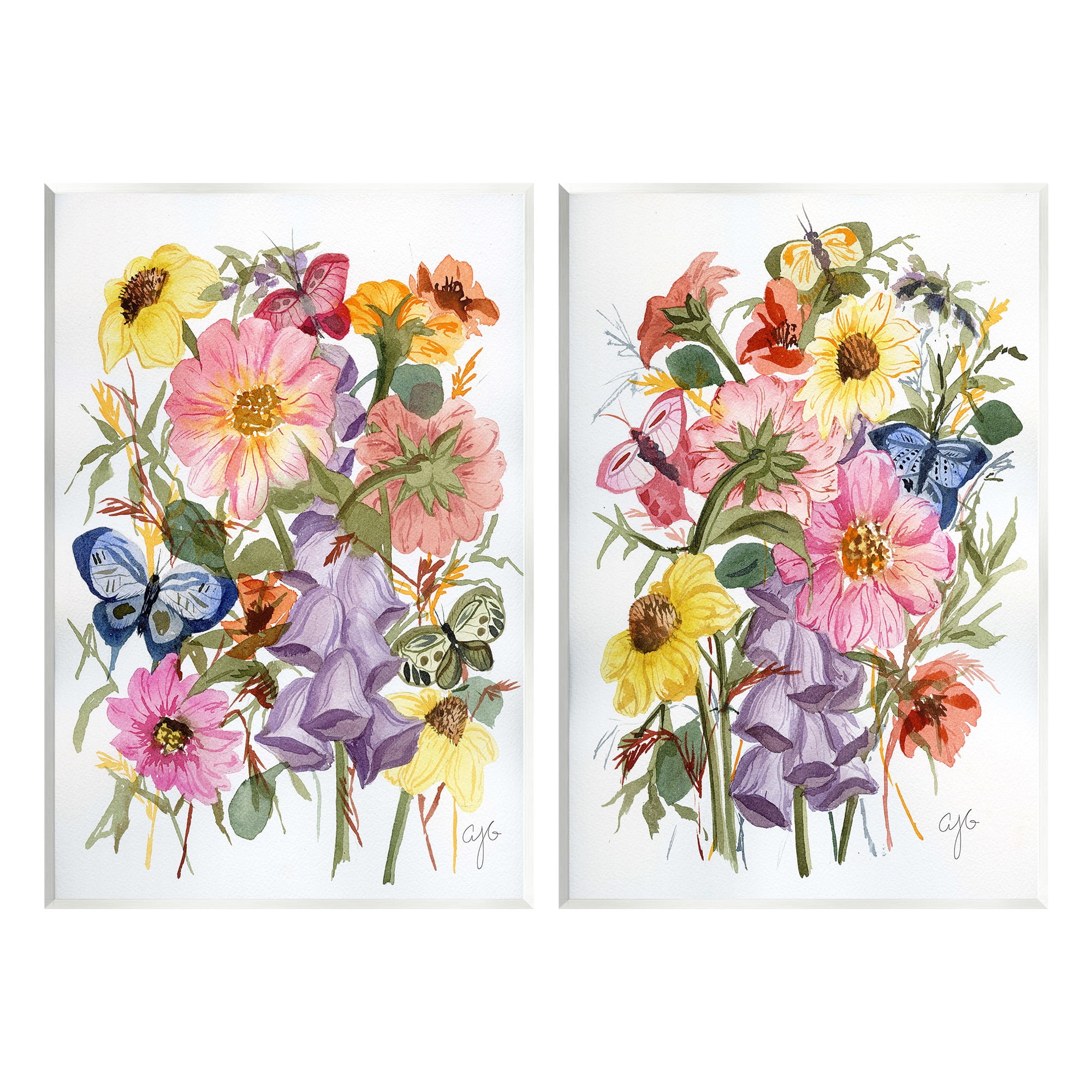 Colorful Floral and Butterfly Botanical Art Prints on MDF Wood, 10 x 15, Set of 2