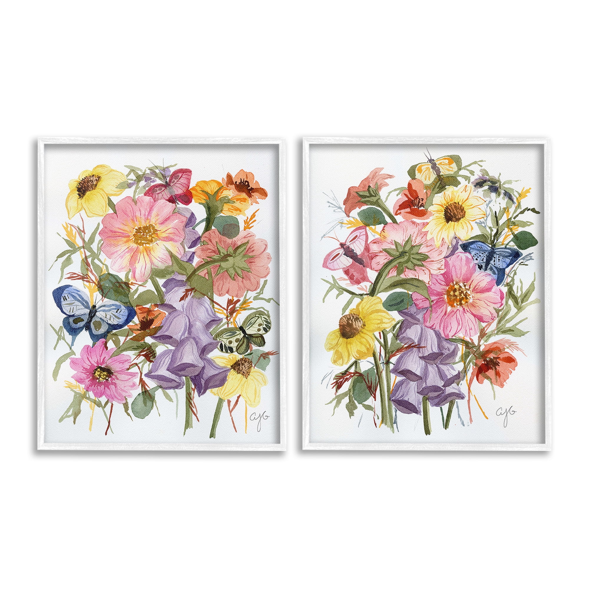 Stupell Industries Traditional Butterflies & Florals Botanical & Floral Painting White Framed Art Print Wall Art, 24 x 30, Set of 2