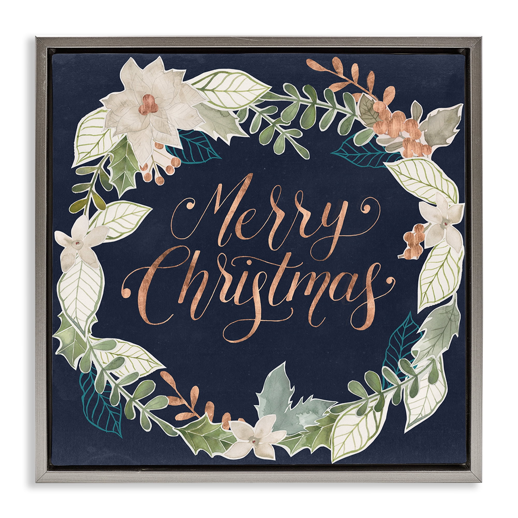 Stupell Industries Traditional Christmas Wreath Holiday Painting Gray Floater Framed Art Print Wall Art, 25 x 25