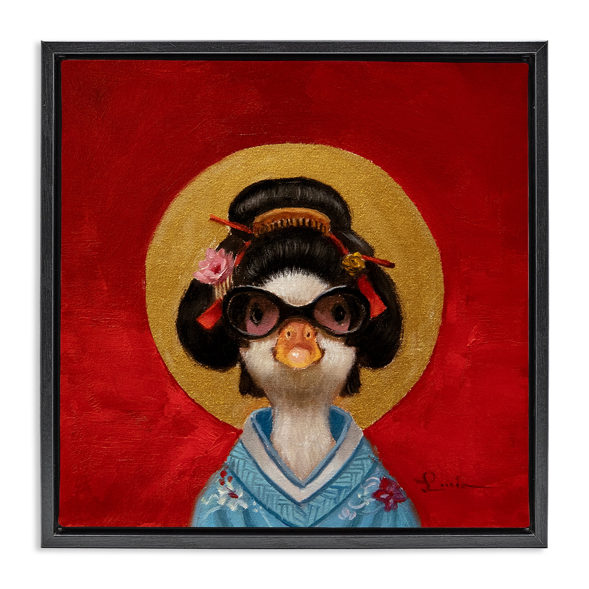Stupell Industries Traditional Clothing Duck Animals Painting Black Floater Framed Canvas Art Print Wall Art, 18 x 18