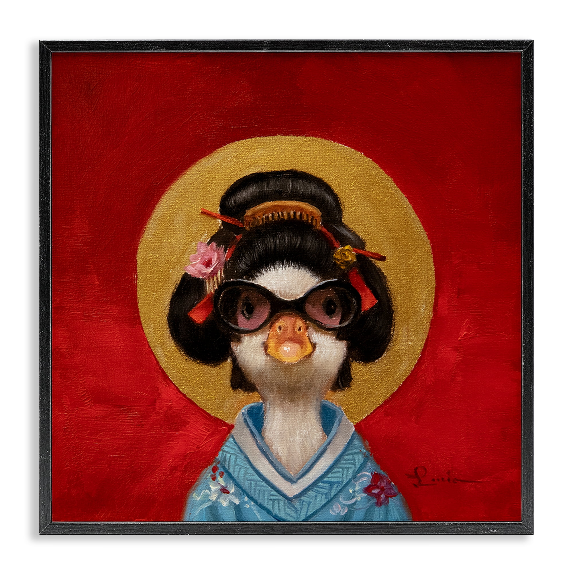Stupell Industries Traditional Clothing Duck Animals Painting Black Framed Art Print Wall Art, 24 x 24