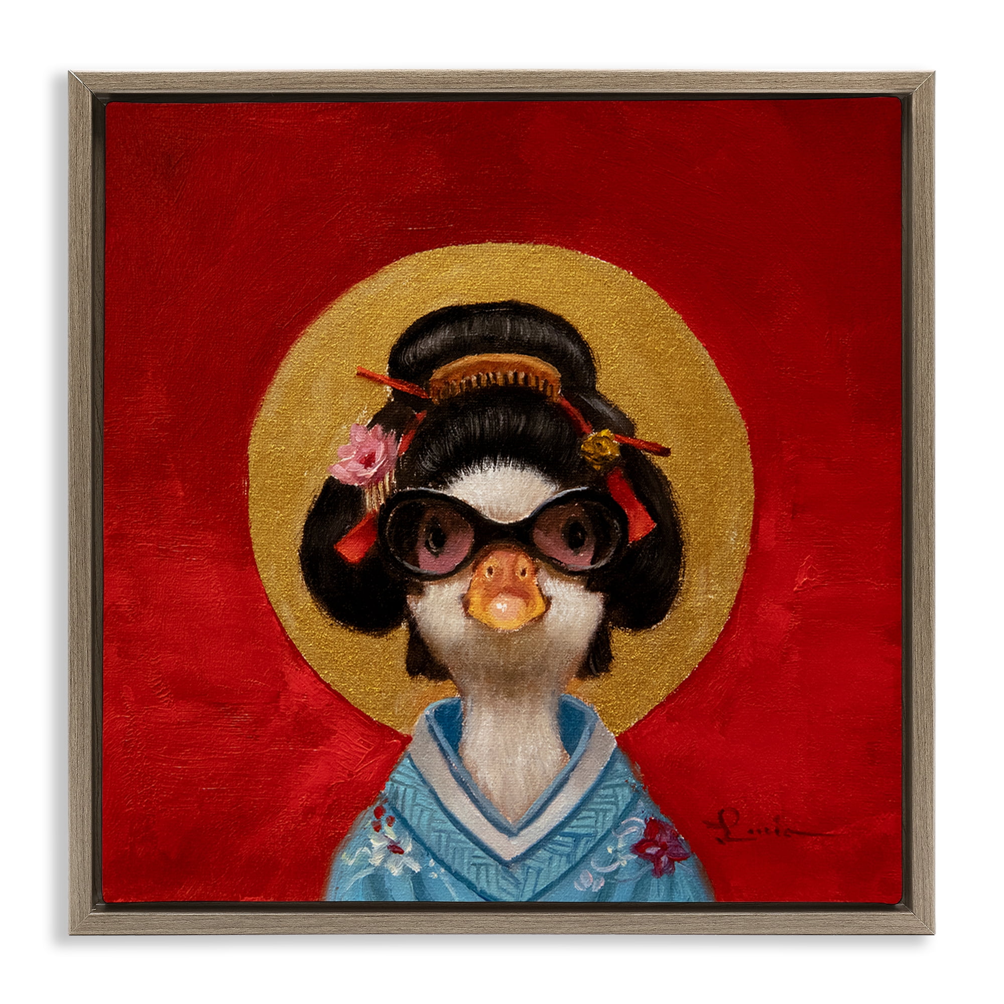 Stupell Industries Traditional Clothing Duck Animals Painting Brown Floater Framed Canvas Art Print Wall Art, 18 x 18