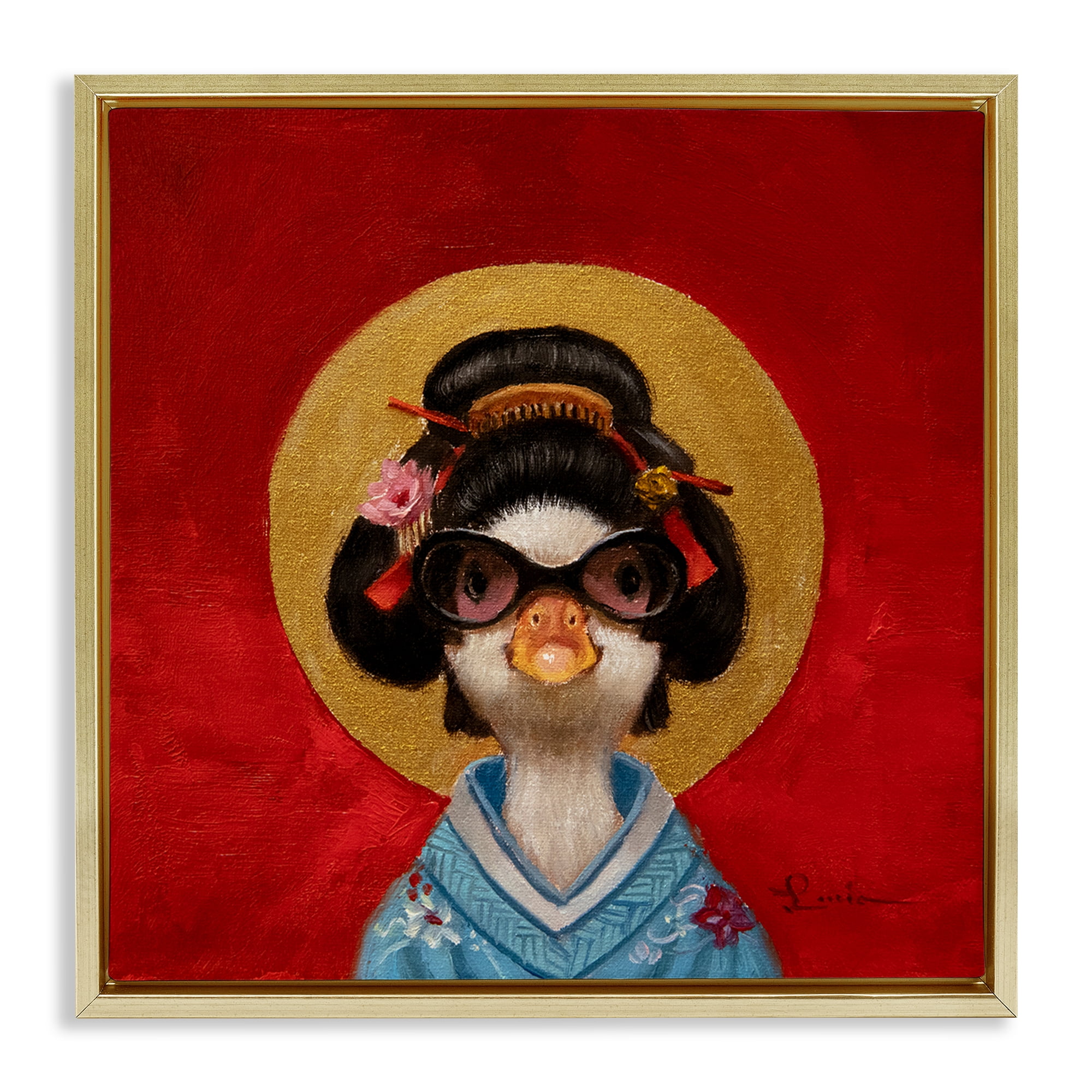 Stupell Industries Traditional Clothing Duck Animals Painting Gold Floater Framed Canvas Art Print Wall Art, 18 x 18