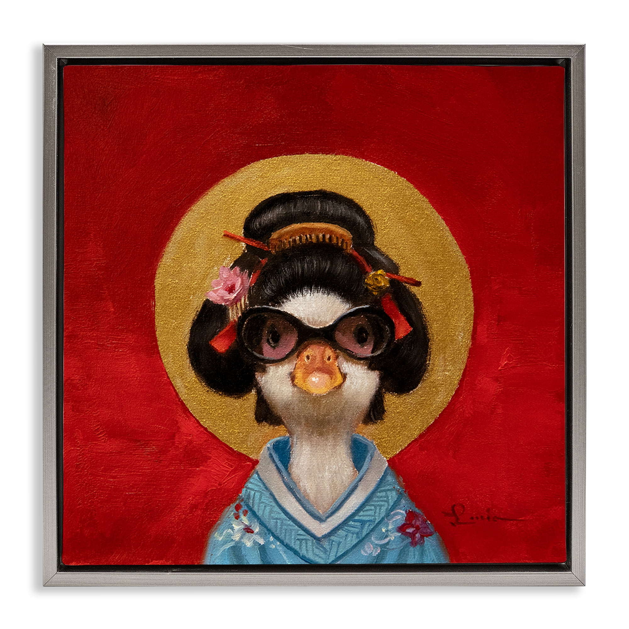Stupell Industries Traditional Clothing Duck Animals Painting Gray Floater Framed Canvas Art Print Wall Art, 18 x 18