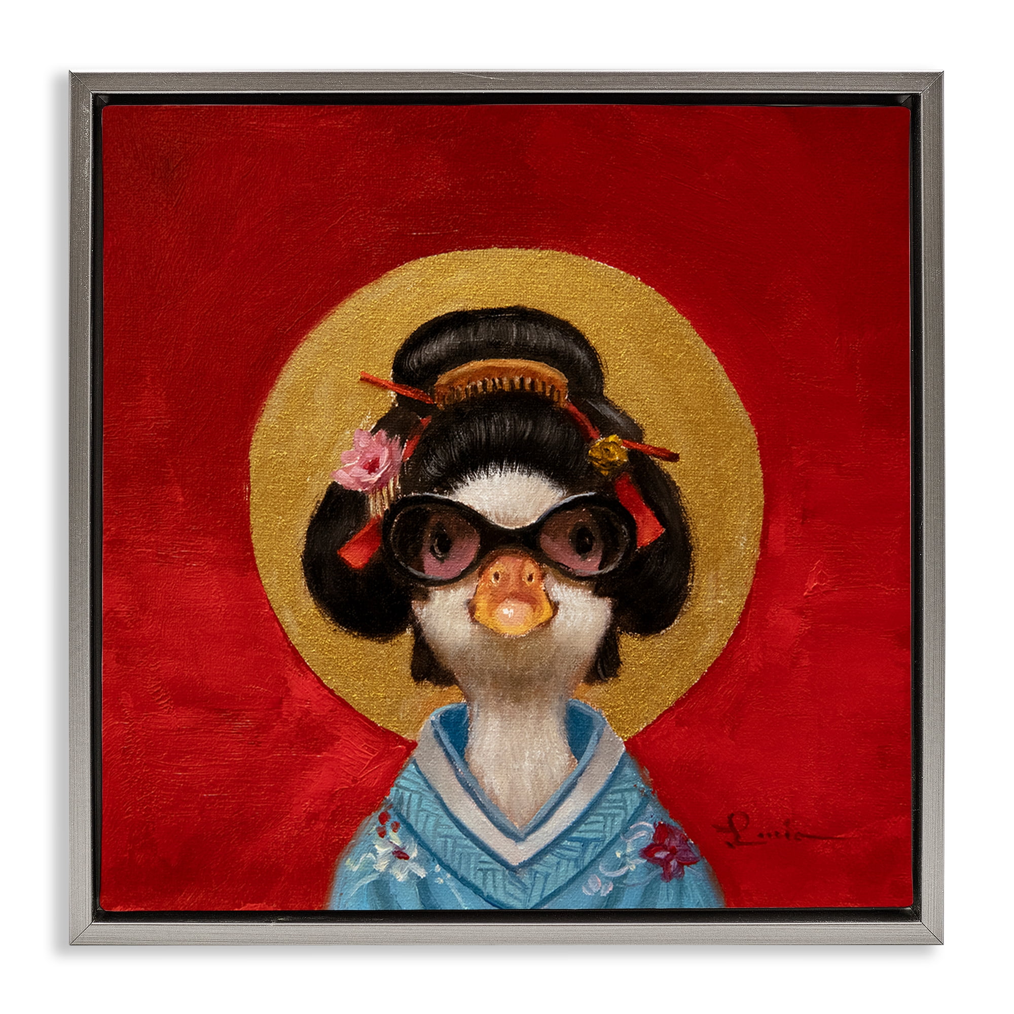Stupell Industries Traditional Clothing Duck Animals Painting Gray Floater Framed Canvas Art Print Wall Art, 25 x 25