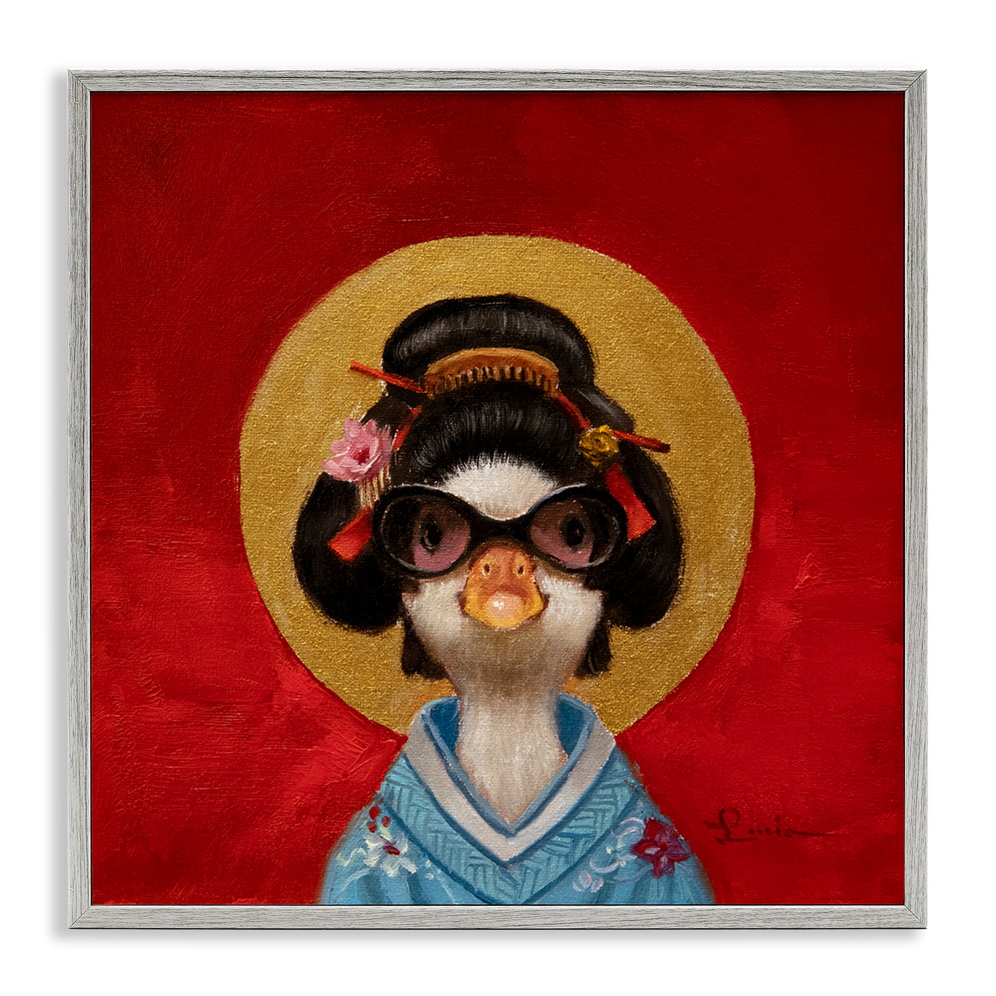 Stupell Industries Traditional Clothing Duck Animals Painting Gray Framed Art Print Wall Art, 24 x 24