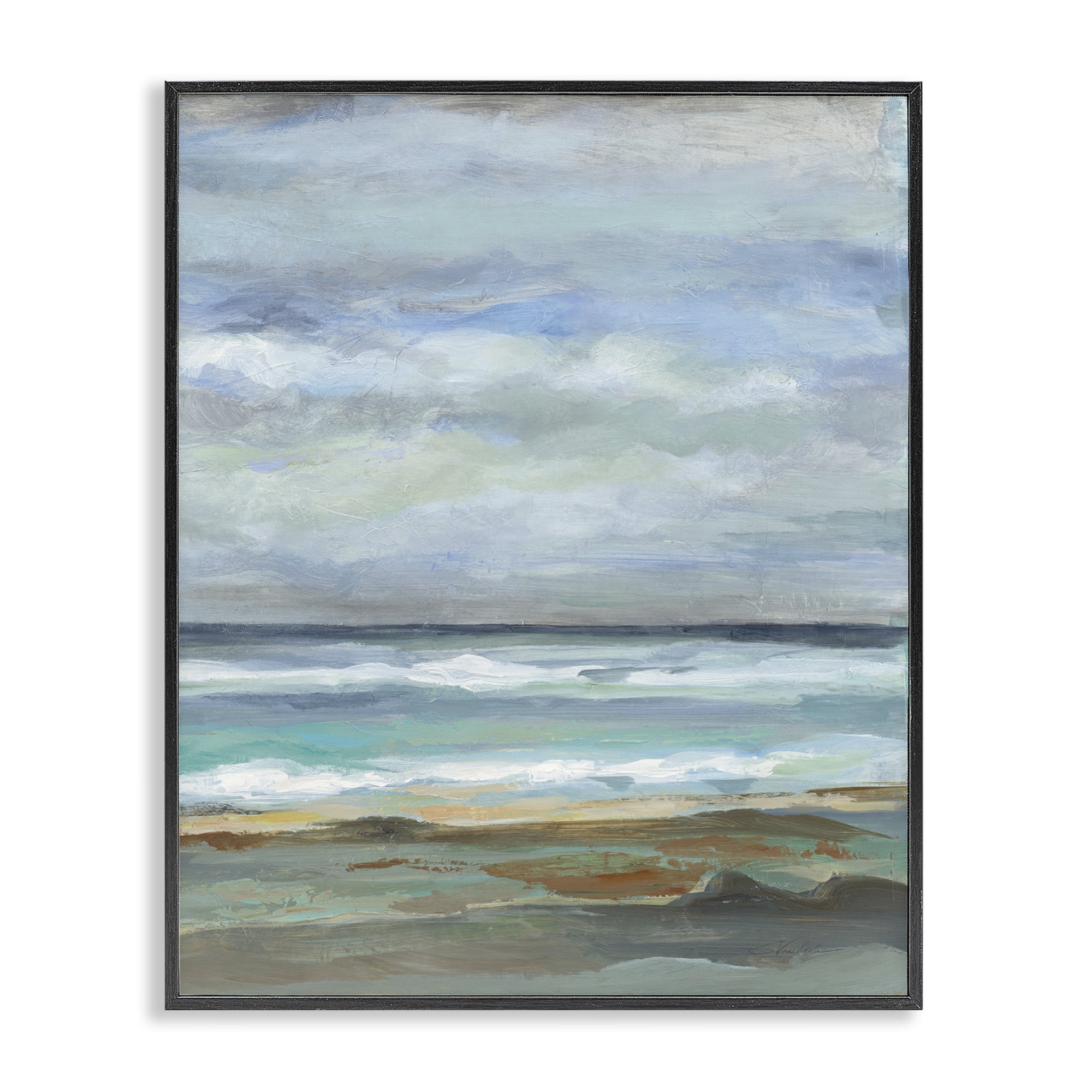 Stupell Industries Traditional Cloudy Seashore Nautical & Beach Painting Black Framed Art Print Wall Art, 11 x 14