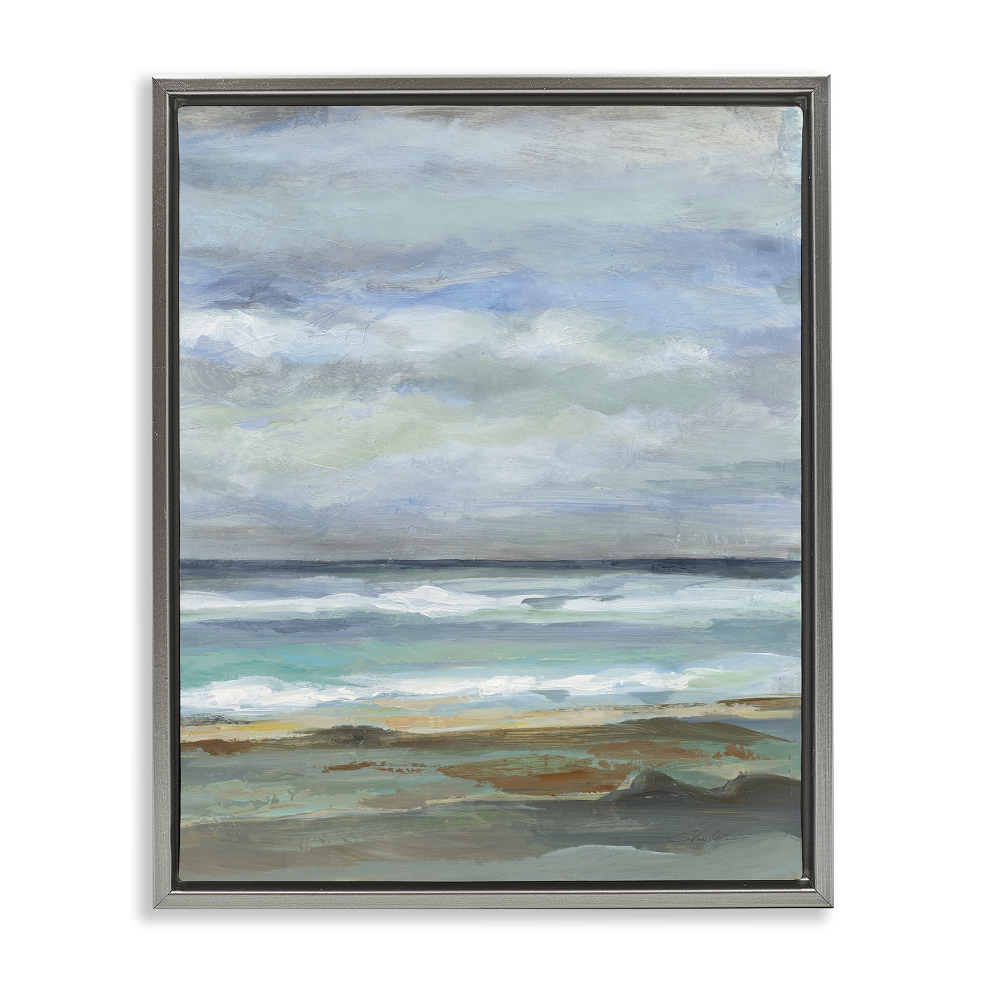 Stupell Industries Traditional Cloudy Seashore Nautical & Beach Painting Gray Floater Framed Canvas Art Print Wall Art, 25 x 31
