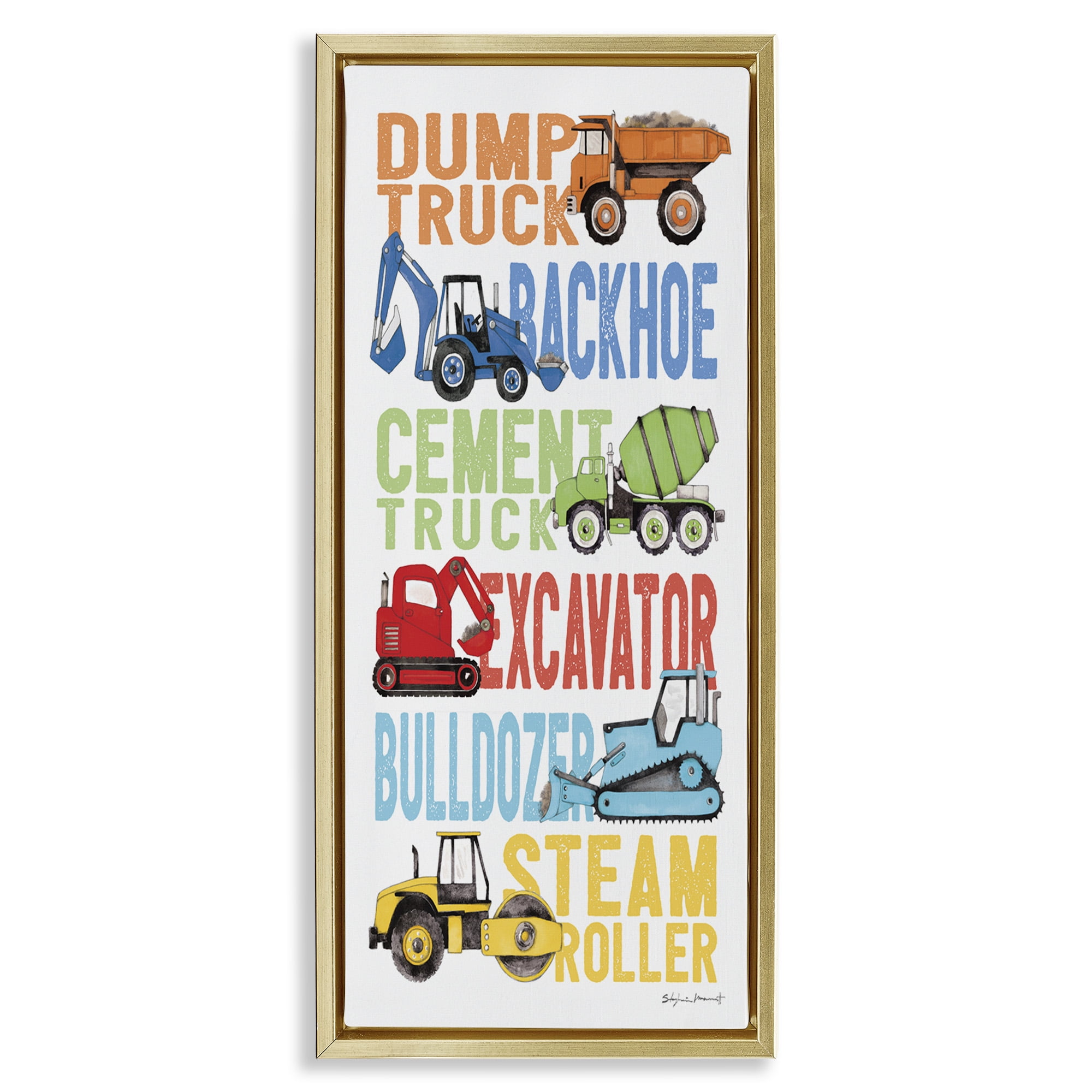 Stupell Industries Traditional Construction Vehicles Art for Kids Painting Gold Floater Framed Canvas Art Print Wall Art, 11 x 25