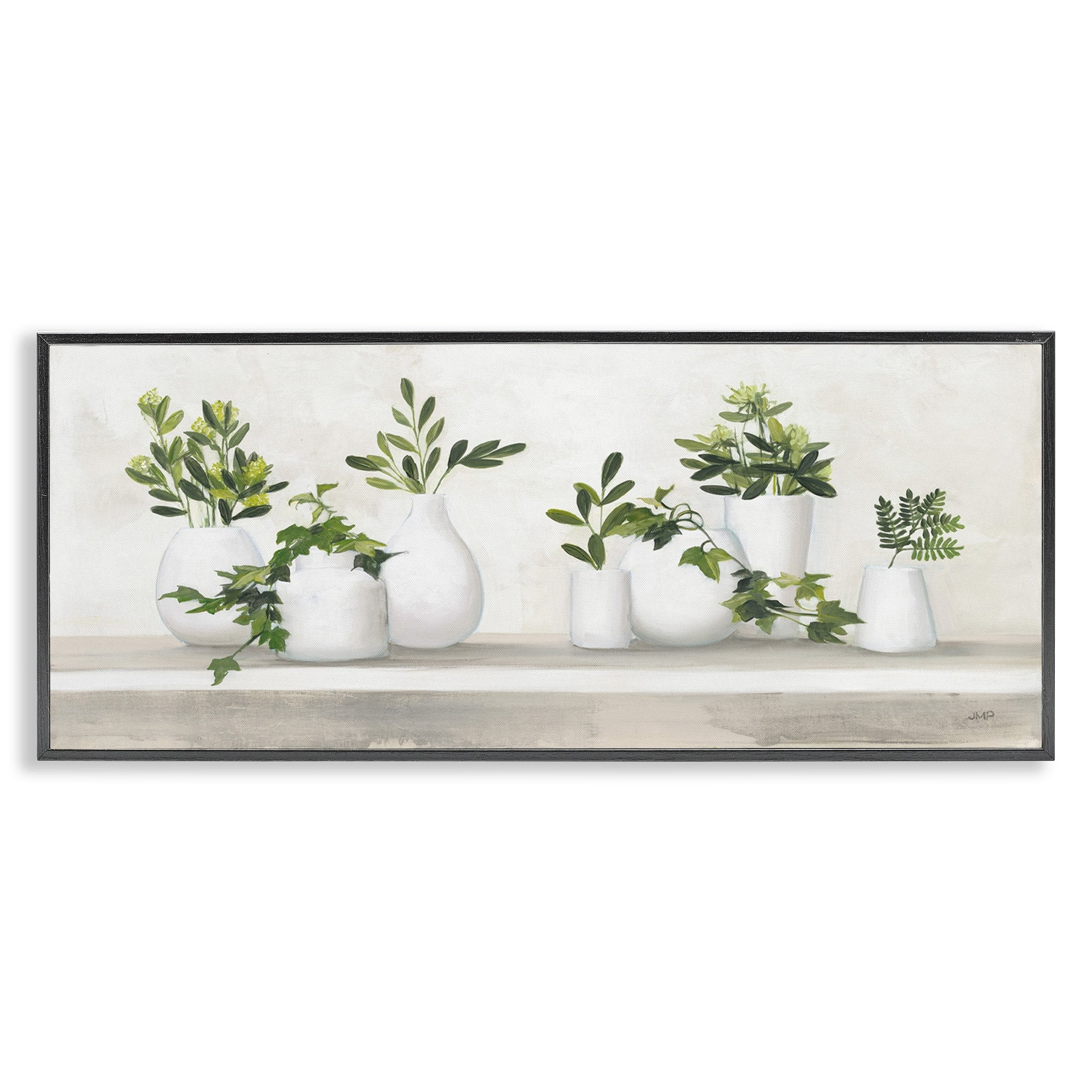 Stupell Industries Traditional Cottage Plants Potted White Vase Botanicals Paintings Gray Framed Art Print Wall Art, 24x10, by Julia Purinton