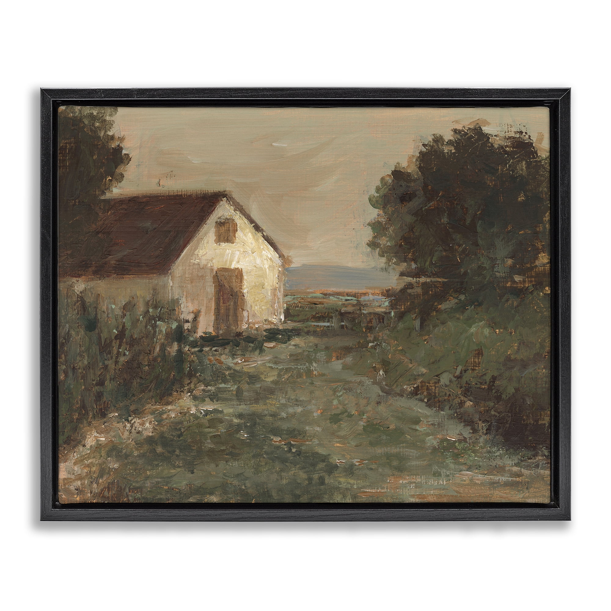 Stupell Industries Traditional Cottage by Sea Landscape & Nature Painting Black Floater Framed Canvas Art Print Wall Art, 31 x 25