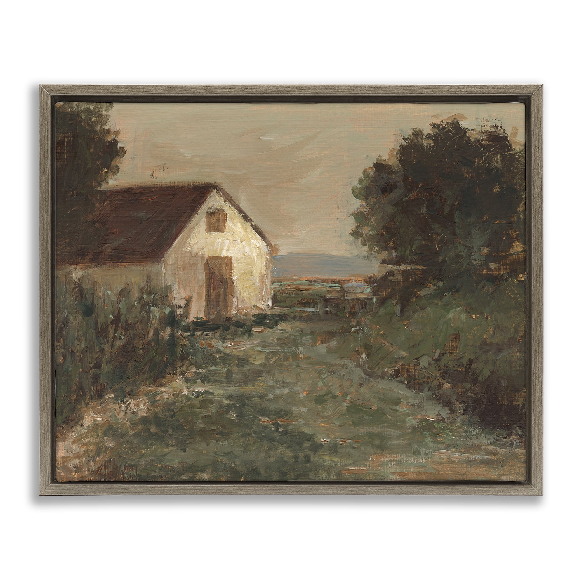 Stupell Industries Traditional Cottage by Sea Landscape & Nature Painting Brown Floater Framed Canvas Art Print Wall Art, 31 x 25