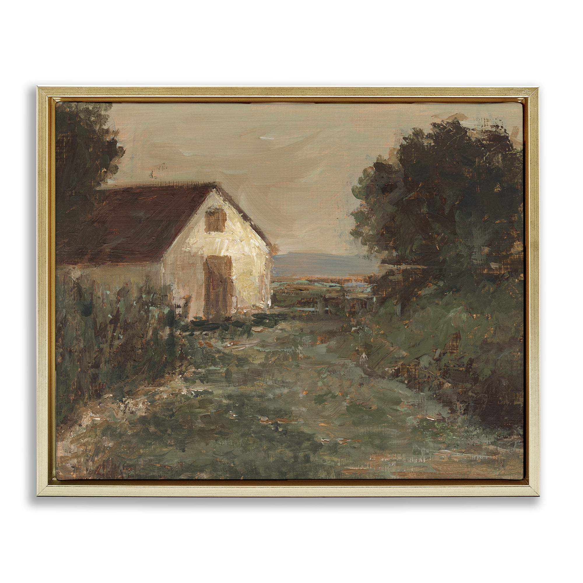 Stupell Industries Traditional Cottage by Sea Landscape & Nature Painting Gold Floater Framed Canvas Art Print Wall Art, 31 x 25