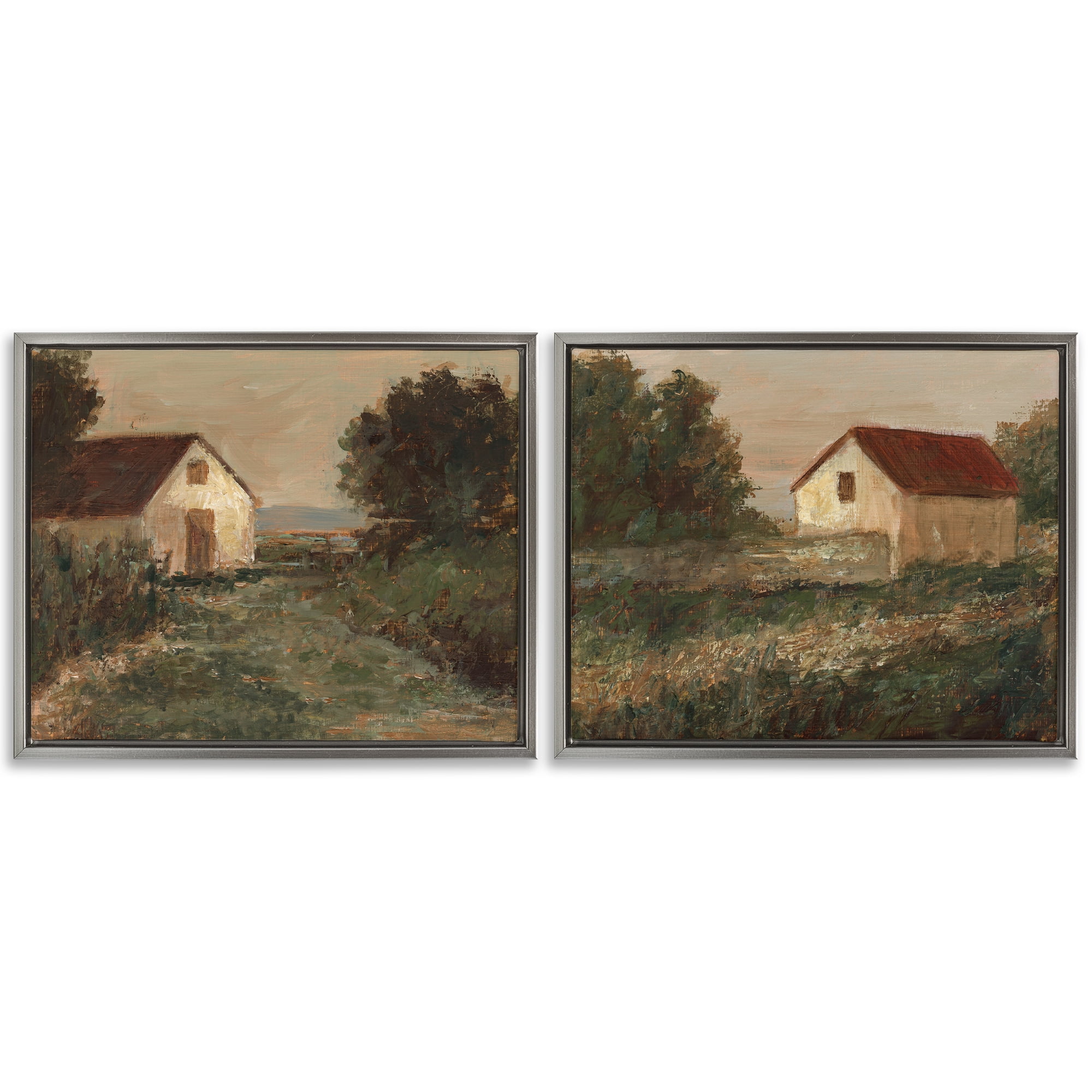 Stupell Industries Traditional Country Farmland Landscape & Nature Painting Gray Floater Framed Canvas Art Print Wall Art, 21 x 17, Set of 2