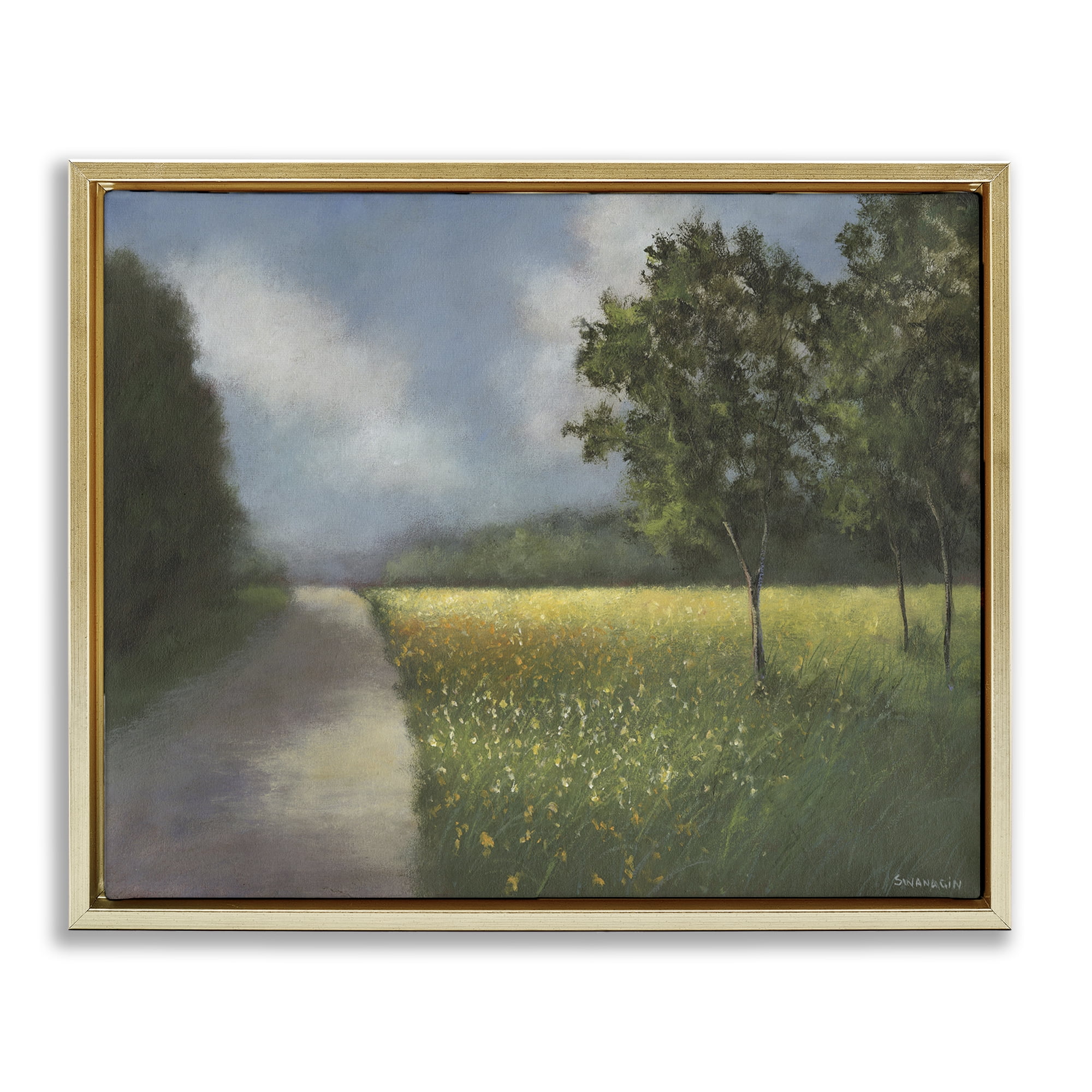 Stupell Industries Traditional Country Road Landscape Painting Gold Floater Framed Art Print Wall Art, 31 x 25