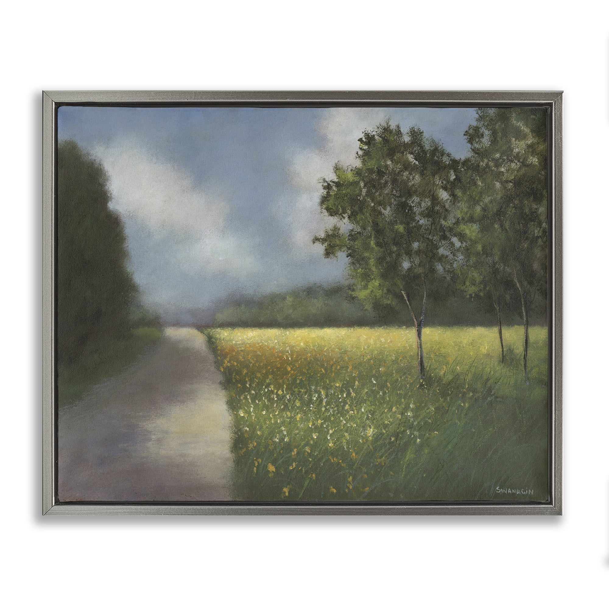 Stupell Industries Traditional Country Road Landscape Painting Gray Floater Framed Art Print Wall Art, 31 x 25