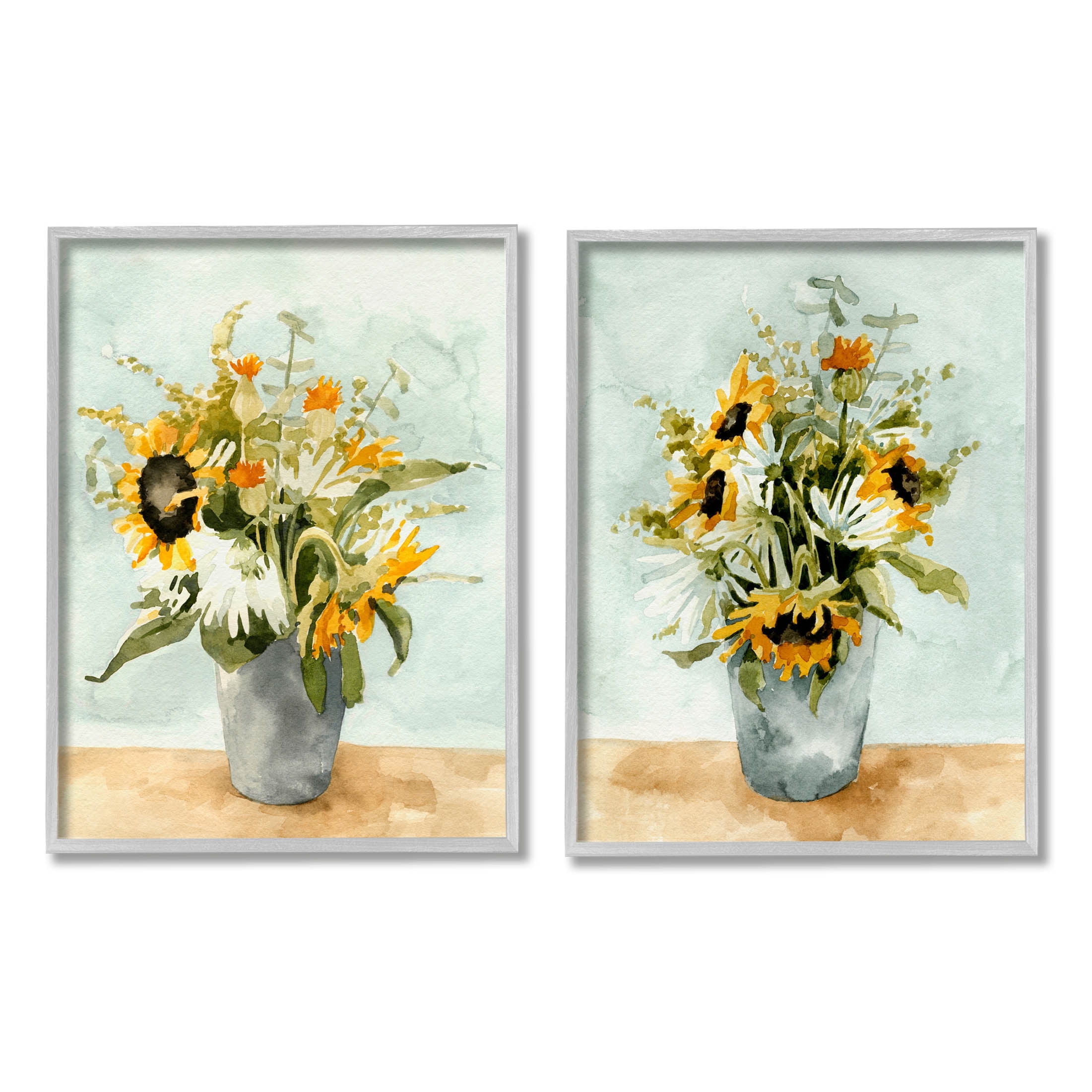 Stupell Industries Traditional Country Sunflower Bouquets Painting Gray Framed Art Print Wall Art, Set of 2, Design by Emma Caroline