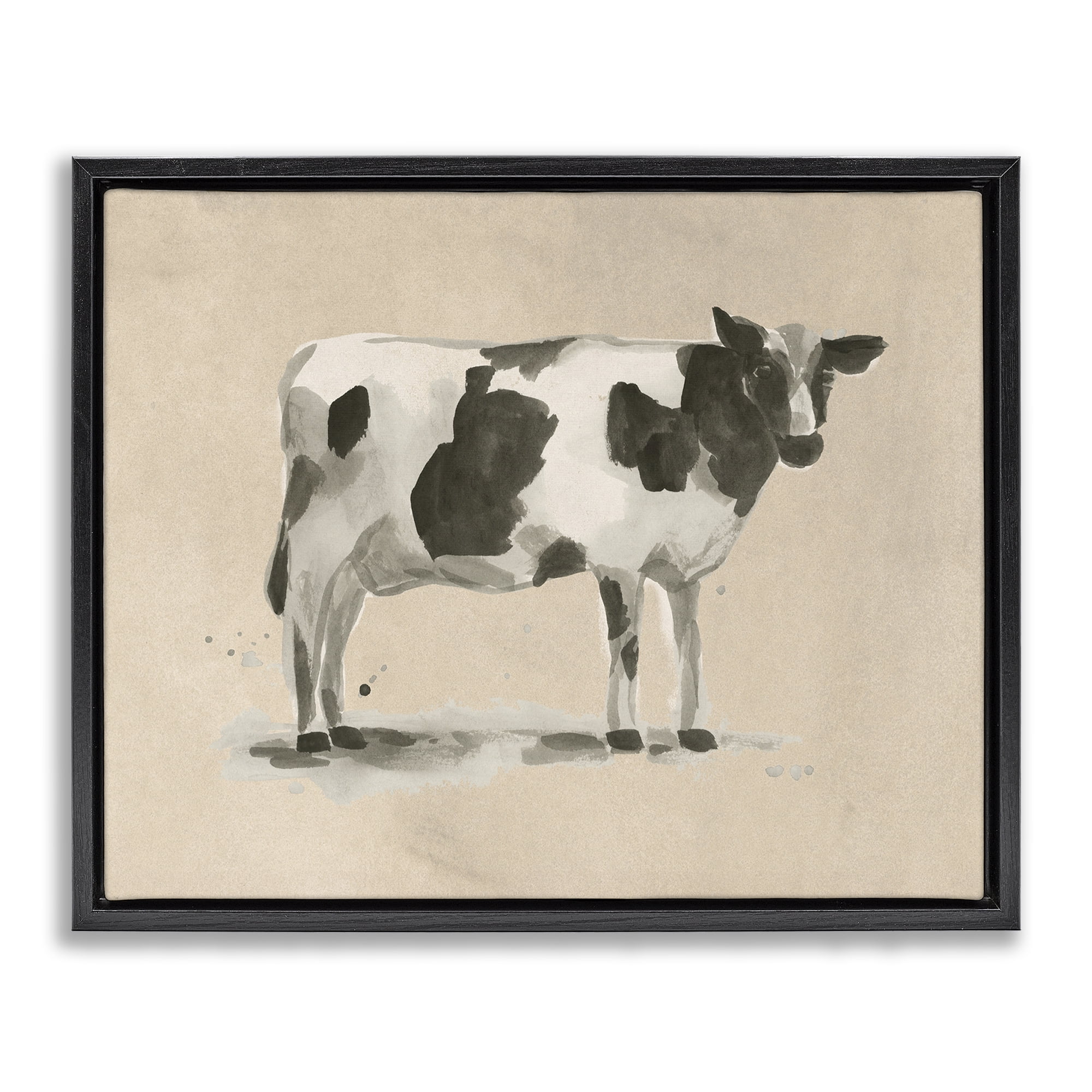Stupell Industries Traditional Cow on Beige Animals & Insects Painting Black Floater Framed Canvas Art Print Wall Art, 21 x 17