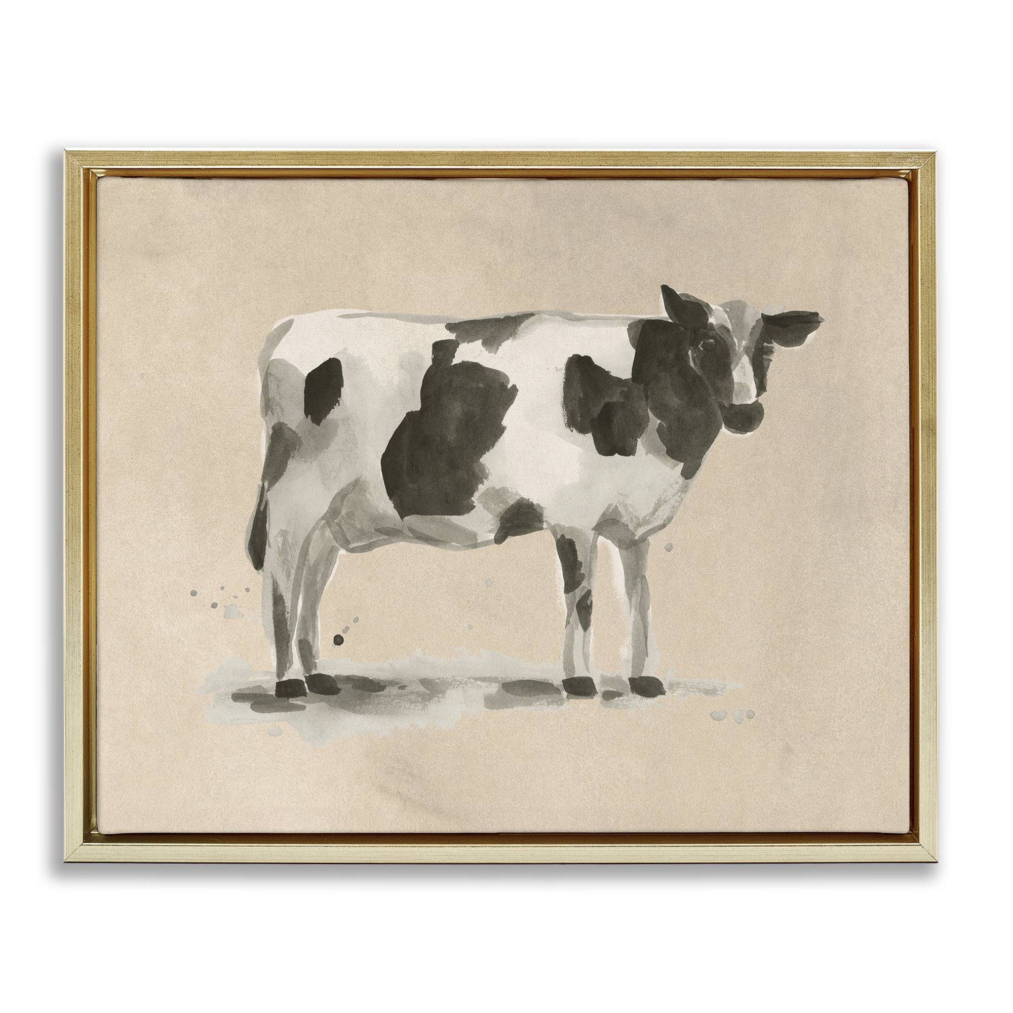 Stupell Industries Traditional Cow on Beige Animals & Insects Painting Gold Floater Framed Canvas Art Print Wall Art, 31 x 25
