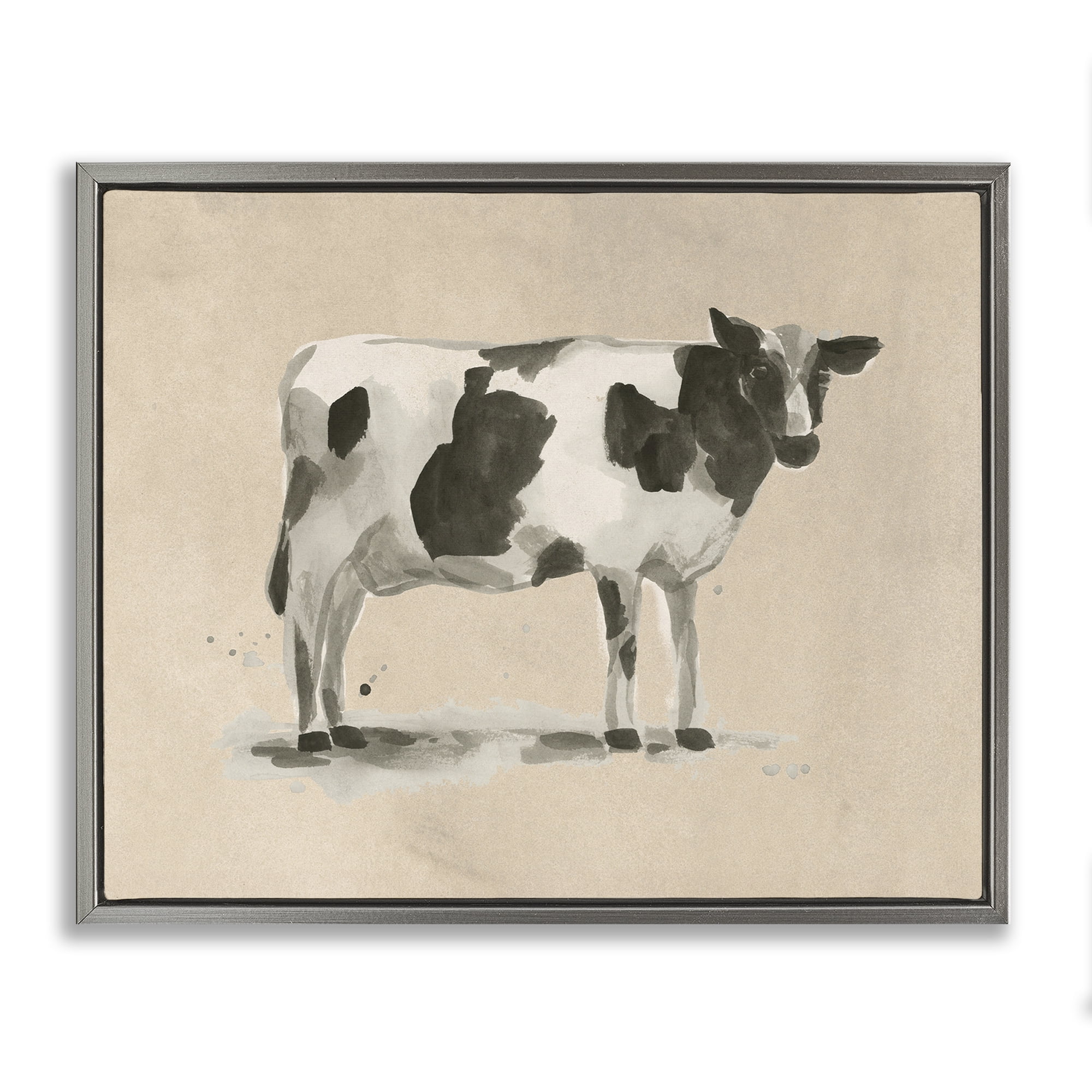 Stupell Industries Traditional Cow on Beige Animals & Insects Painting Gray Floater Framed Canvas Art Print Wall Art, 21 x 17