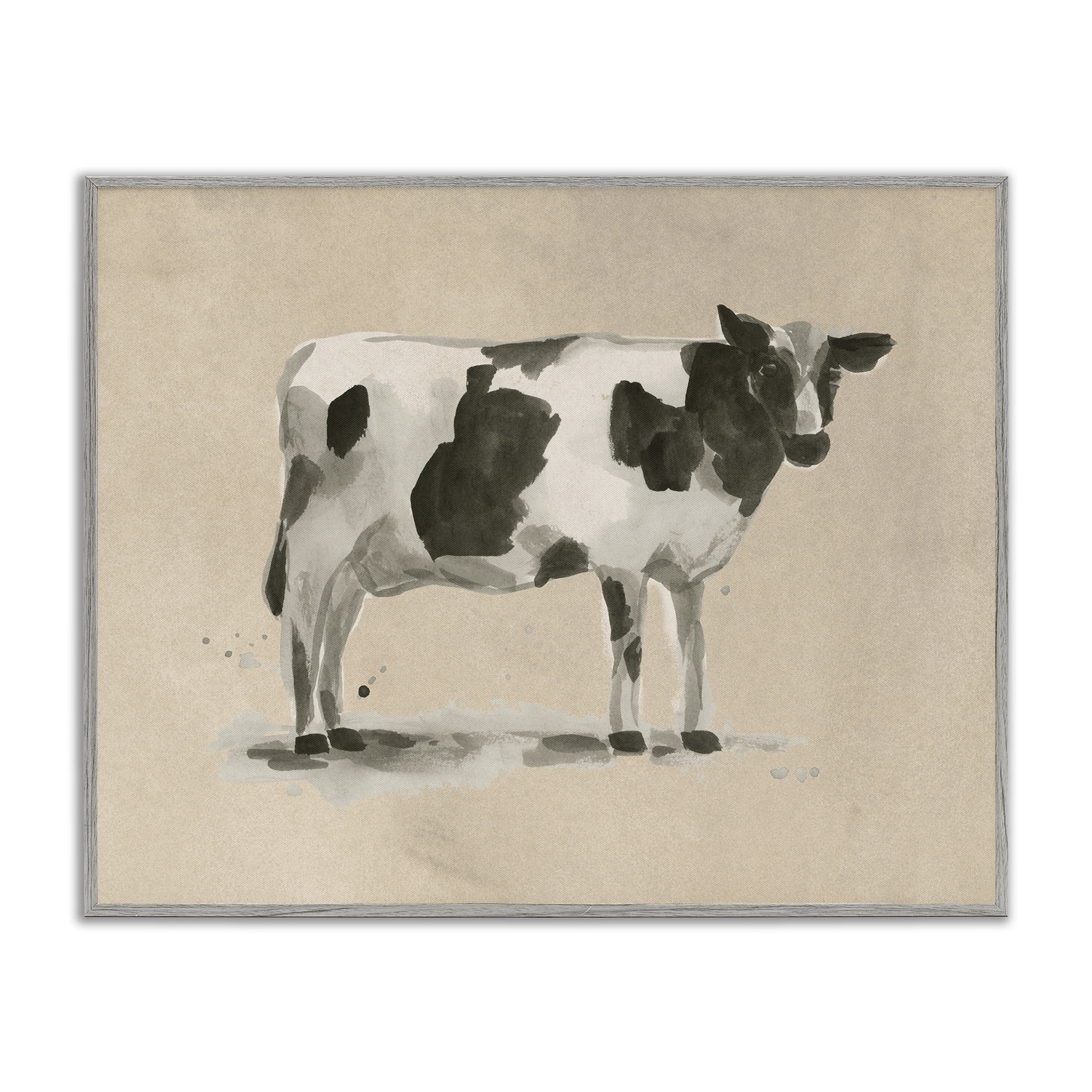 Stupell Industries Traditional Cow on Beige Animals & Insects Painting Gray Framed Art Print Wall Art, 30 x 24