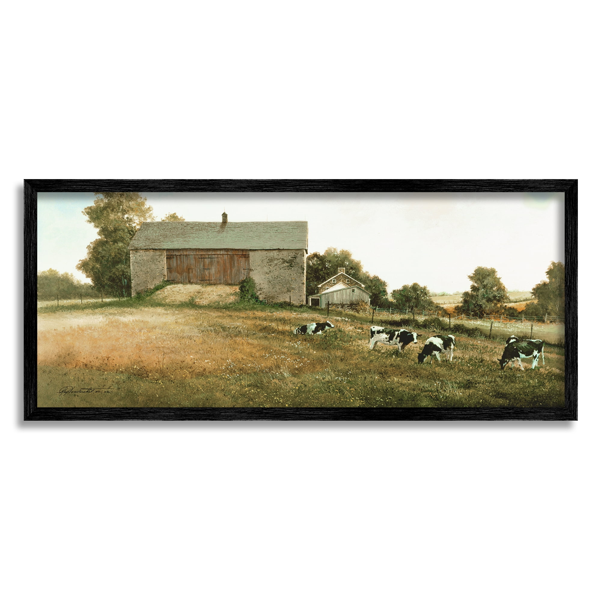 Stupell Industries Traditional Cows Grazing Animals & Insects Painting Black Framed Art Print Wall Art, 30 x 13