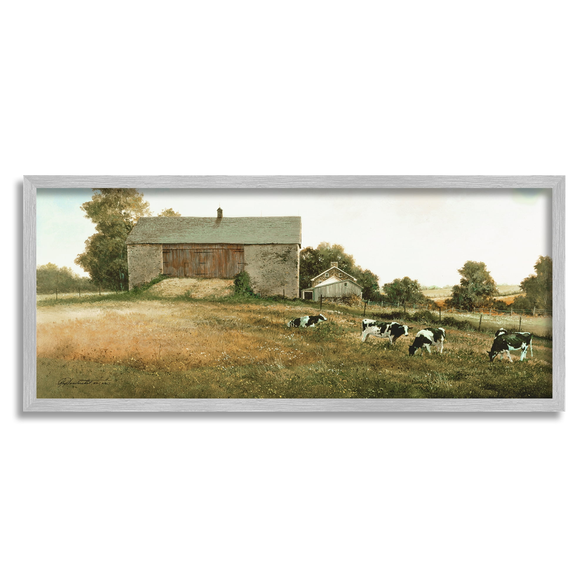 Stupell Industries Traditional Cows Grazing Animals & Insects Painting Gray Framed Art Print Wall Art, 30 x 13