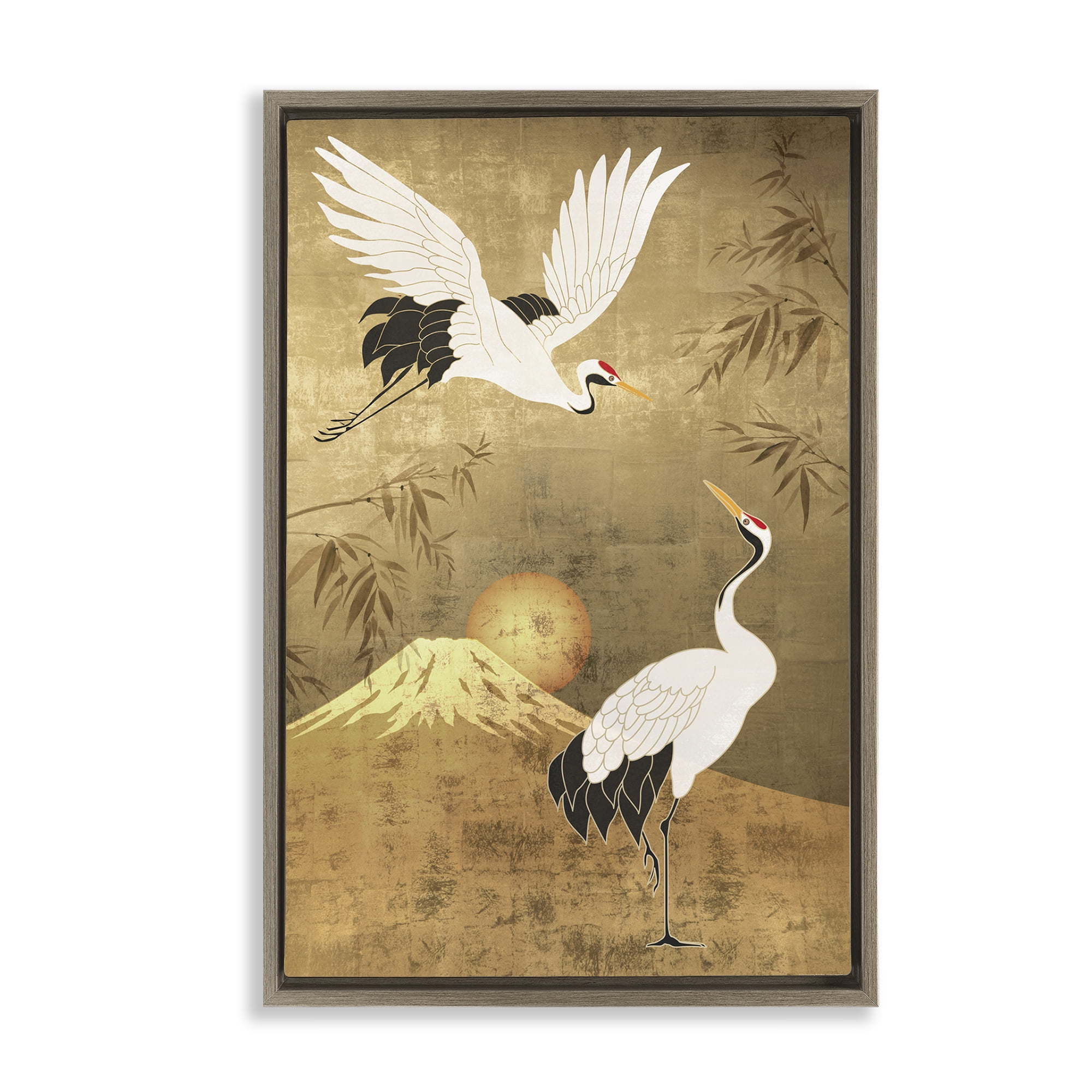 Stupell Industries Traditional Cranes & Mountain Animals Painting Brown Floater Framed Canvas Art Print Wall Art, 21 x 31