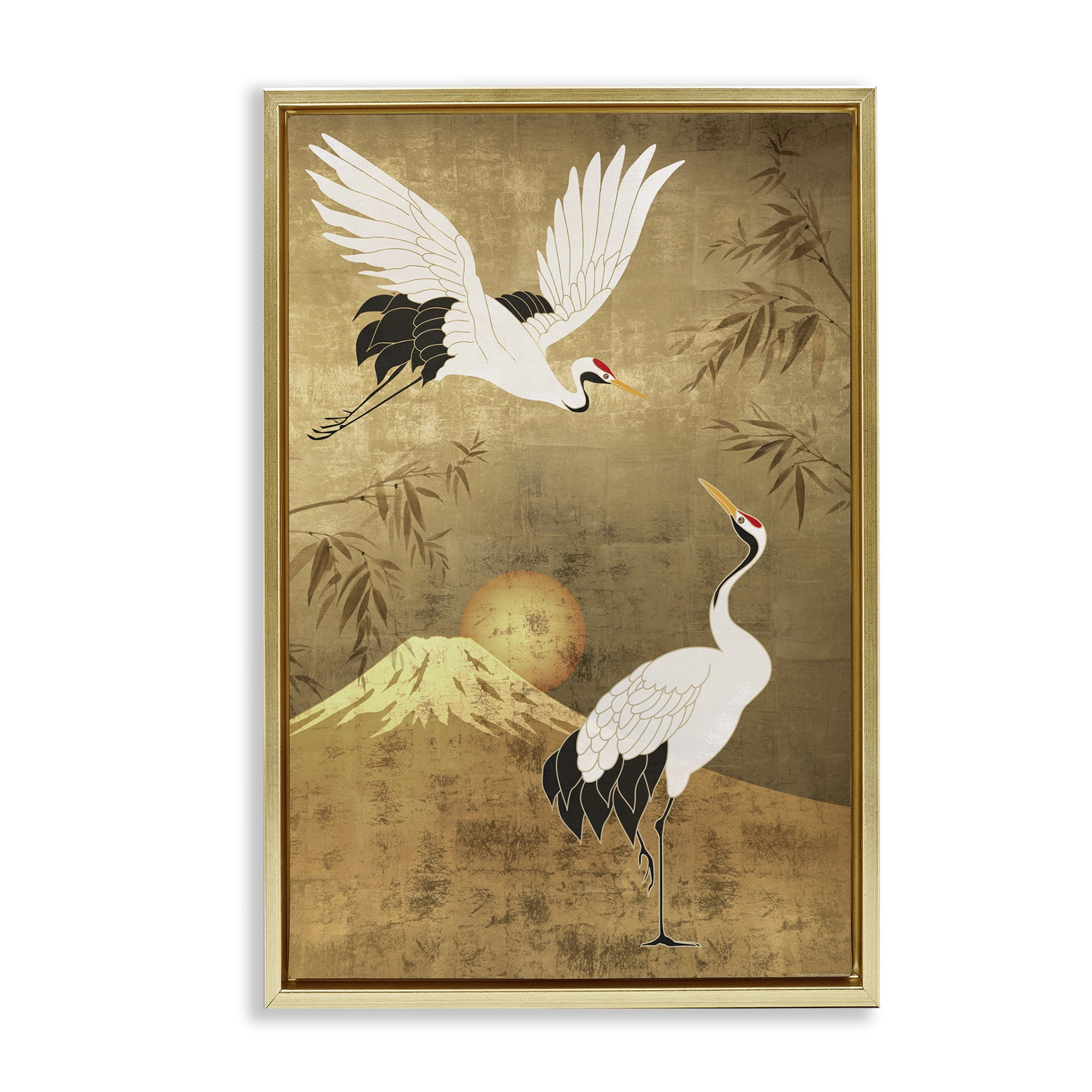 Stupell Industries Traditional Cranes & Mountain Animals Painting Gold Floater Framed Canvas Art Print Wall Art, 21 x 31
