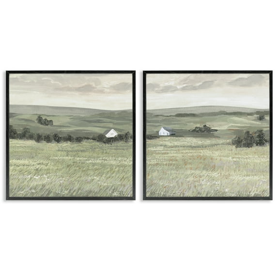Stupell Industries Traditional Distant Farmhouse Field Landscape & Nature Painting Black Framed Art Print Wall Art, 12 x 12, Set of 2