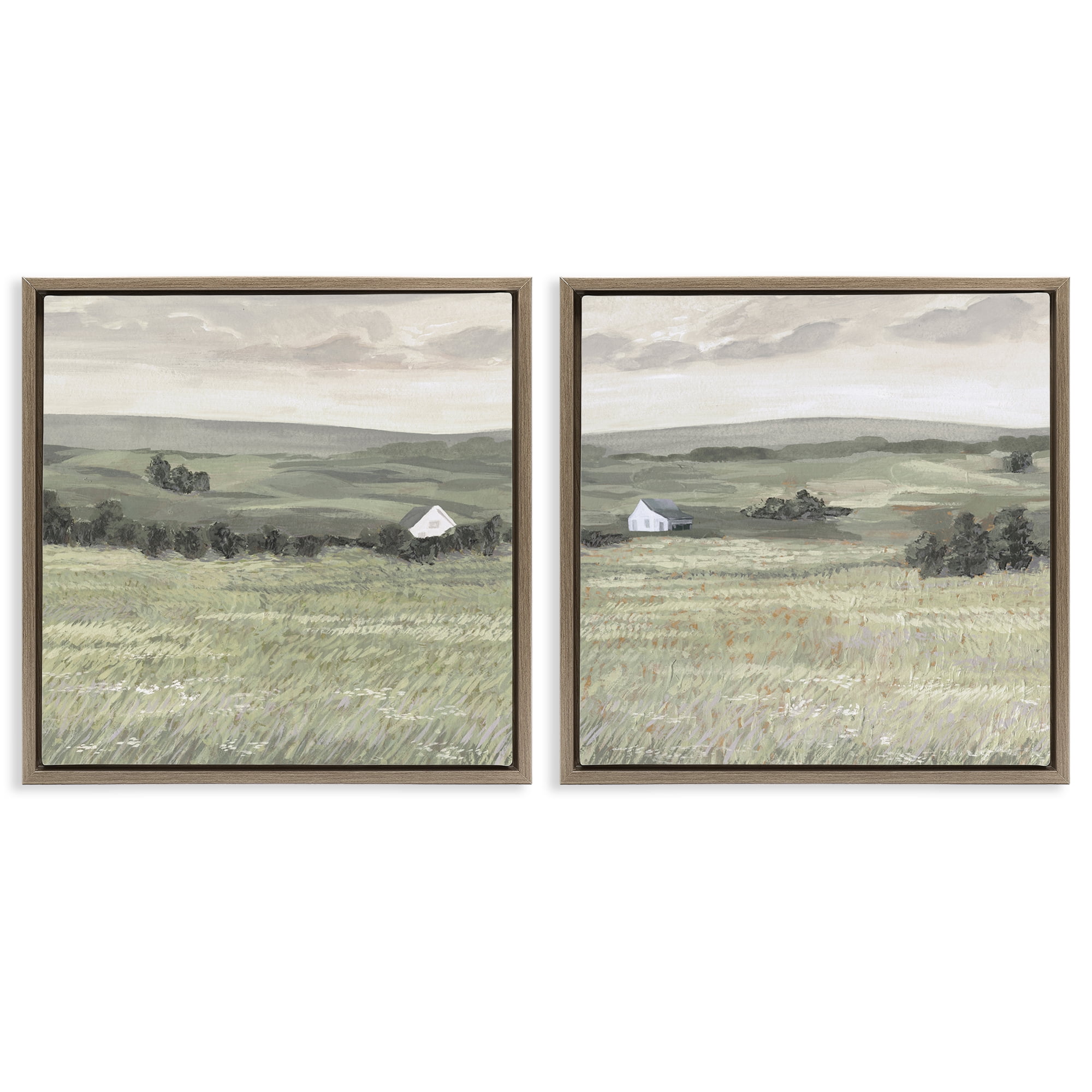 Stupell Industries Traditional Distant Farmhouse Field Landscape & Nature Painting Brown Floater Framed Canvas Art Print Wall Art, 18 x 18, Set of 2