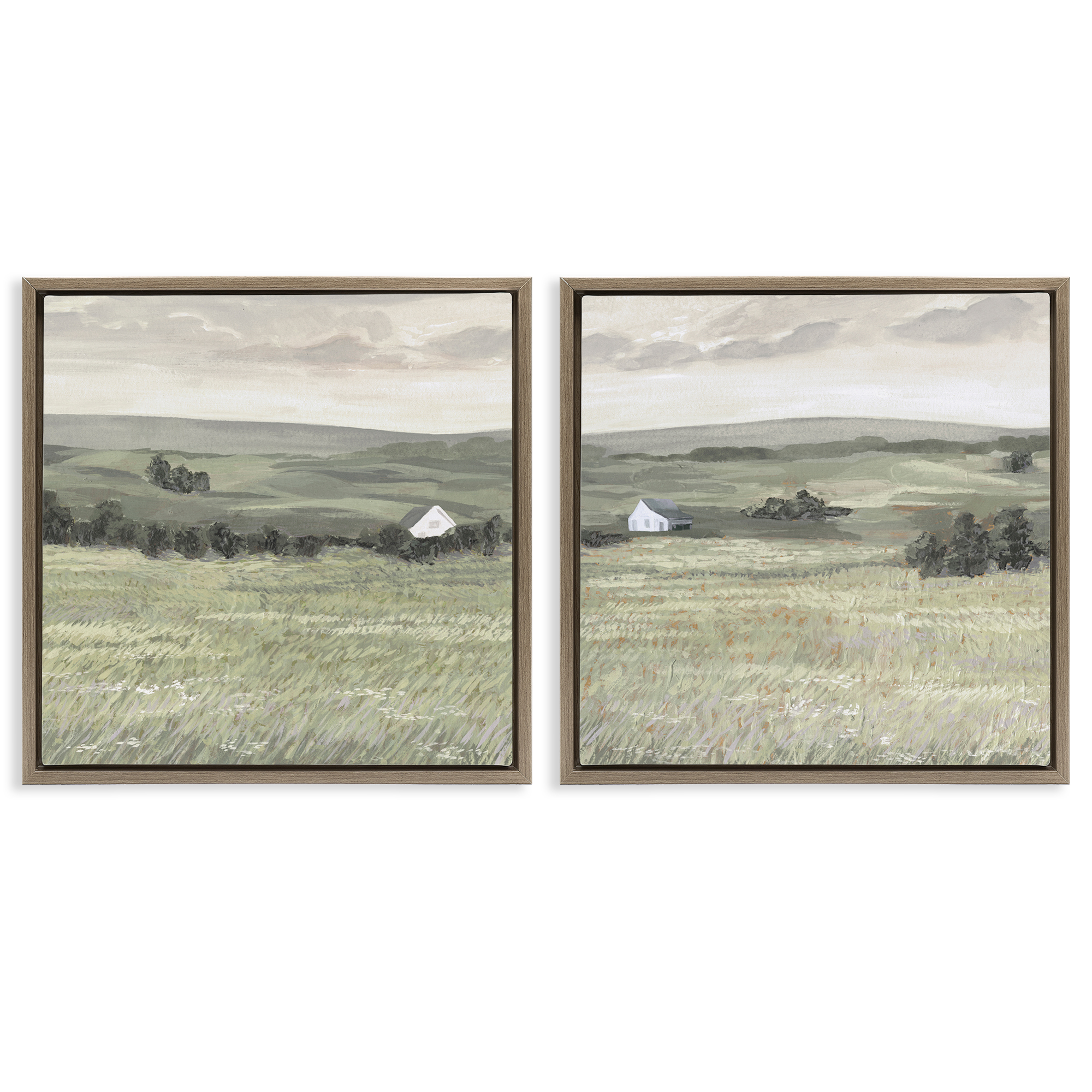 Stupell Industries Traditional Distant Farmhouse Field Landscape & Nature Painting Brown Floater Framed Canvas Art Print Wall Art, 25 x 25, Set of 2