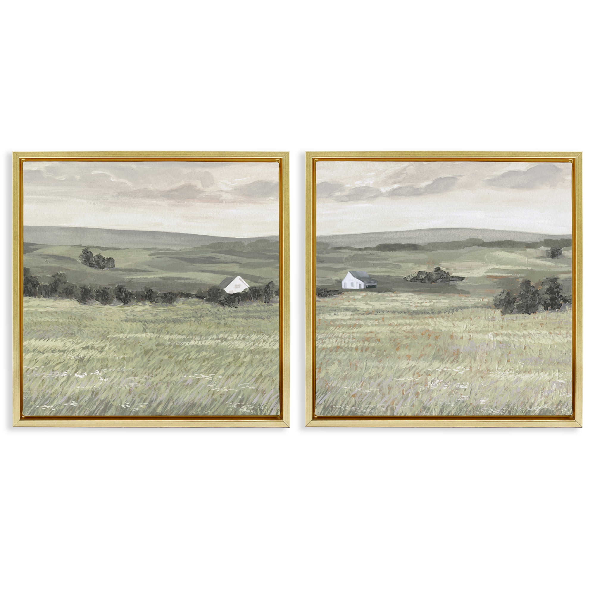 Stupell Industries Traditional Distant Farmhouse Field Landscape & Nature Painting Gold Floater Framed Canvas Art Print Wall Art, 18 x 18, Set of 2