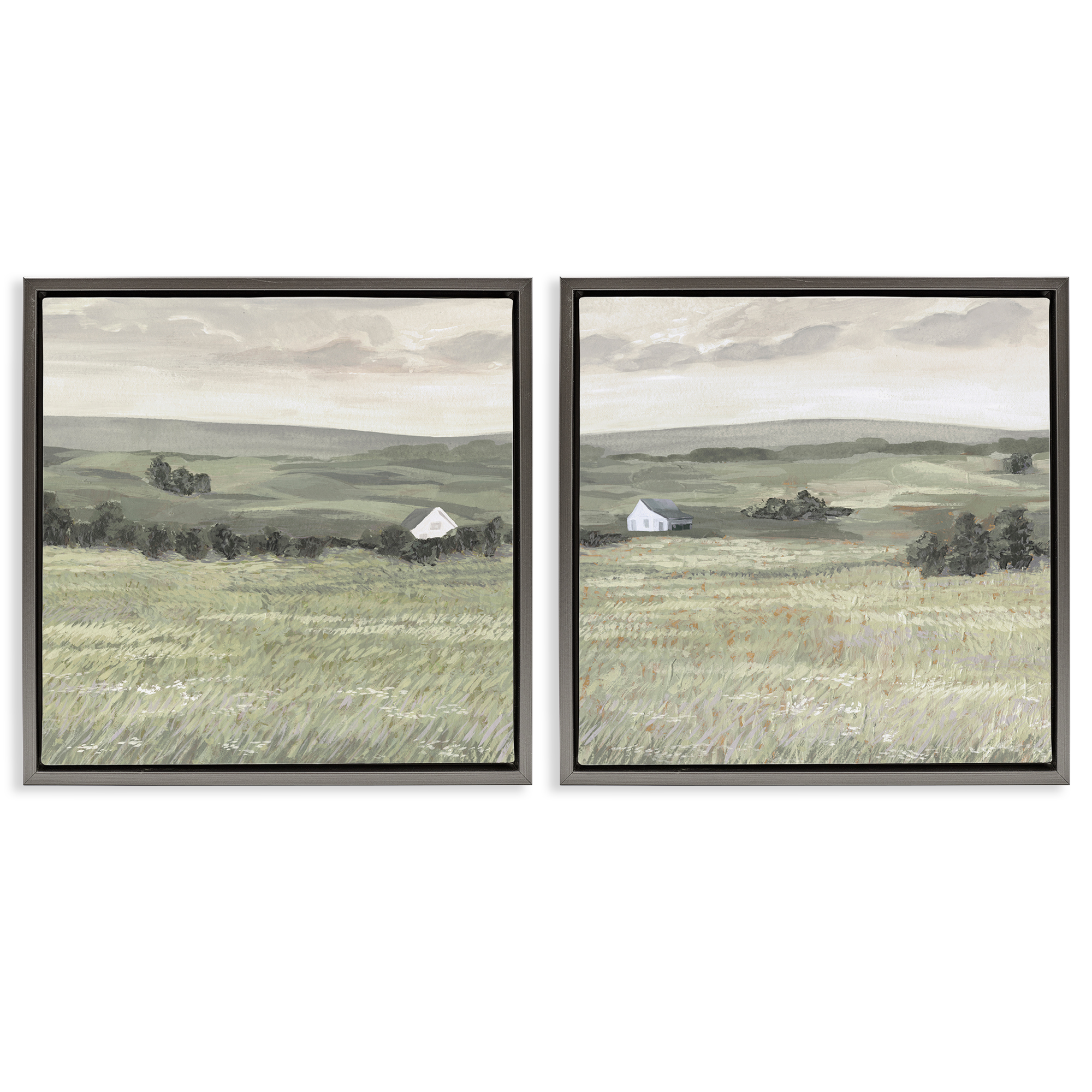 Stupell Industries Traditional Distant Farmhouse Field Landscape & Nature Painting Gray Floater Framed Canvas Art Print Wall Art, 18 x 18, Set of 2