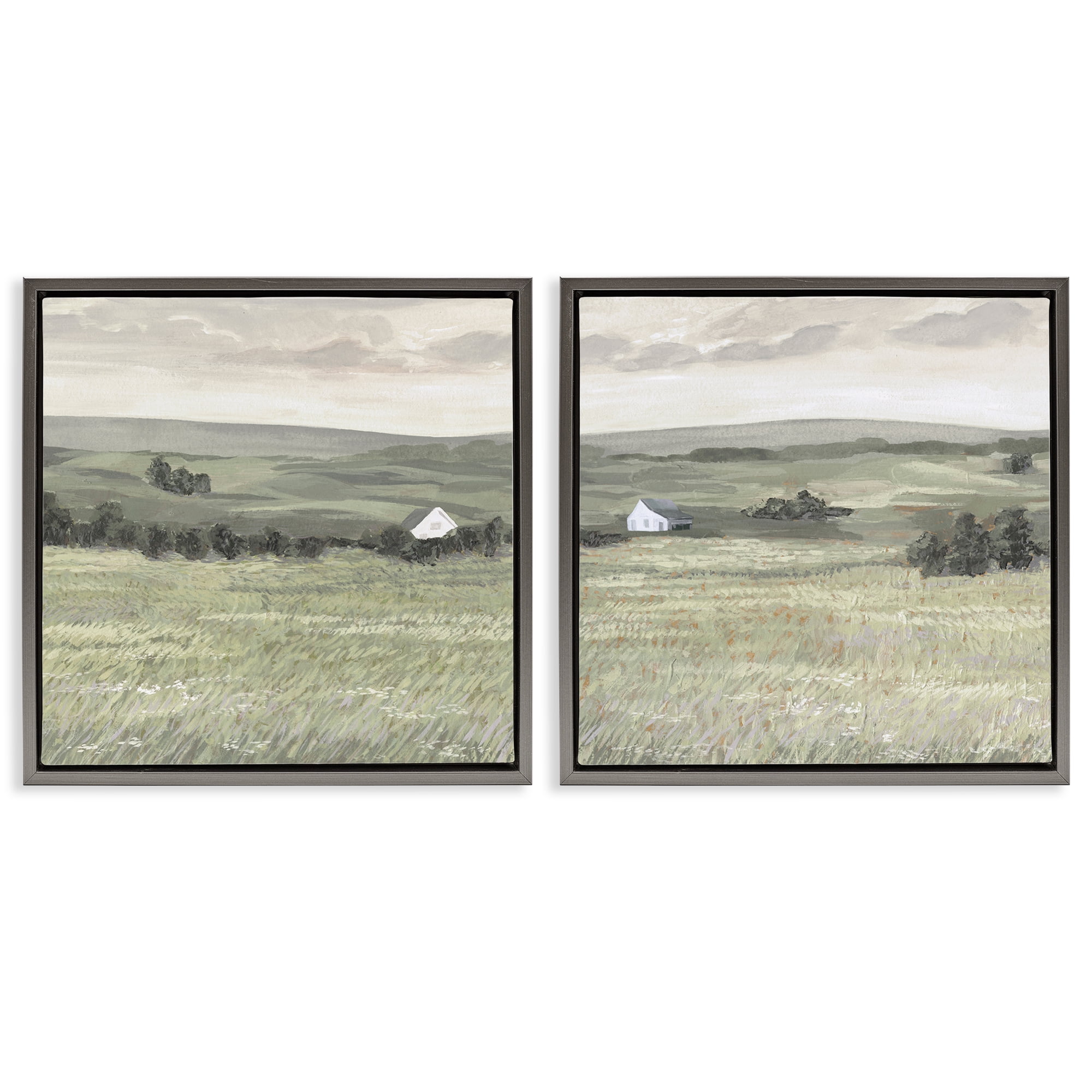Stupell Industries Traditional Distant Farmhouse Field Landscape & Nature Painting Gray Floater Framed Canvas Art Print Wall Art, 25 x 25, Set of 2