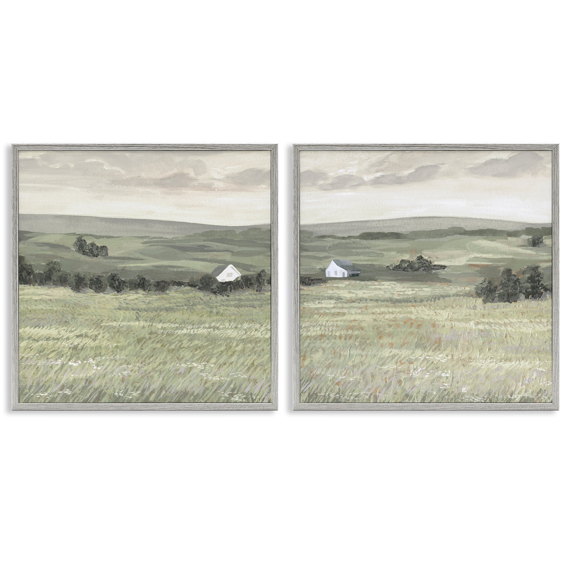 Stupell Industries Traditional Distant Farmhouse Field Landscape & Nature Painting Gray Framed Art Print Wall Art, 12 x 12, Set of 2