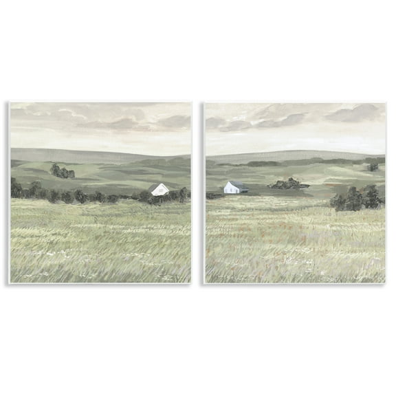 Stupell Industries Traditional Distant Farmhouse Field Landscape & Nature Painting Unframed Art Print Wall Art, 12 x 12, Set of 2