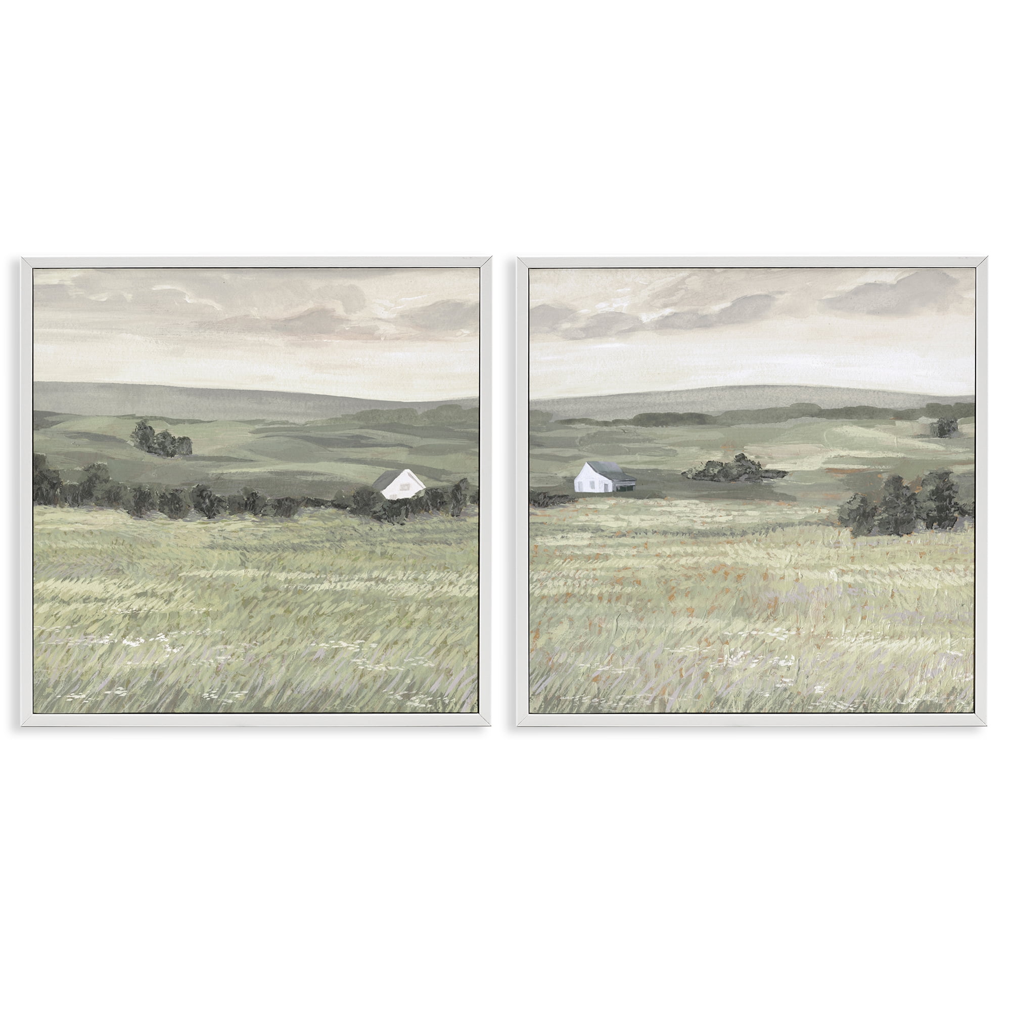 Stupell Industries Traditional Distant Farmhouse Field Landscape & Nature Painting White Framed Art Print Wall Art, 12 x 12, Set of 2