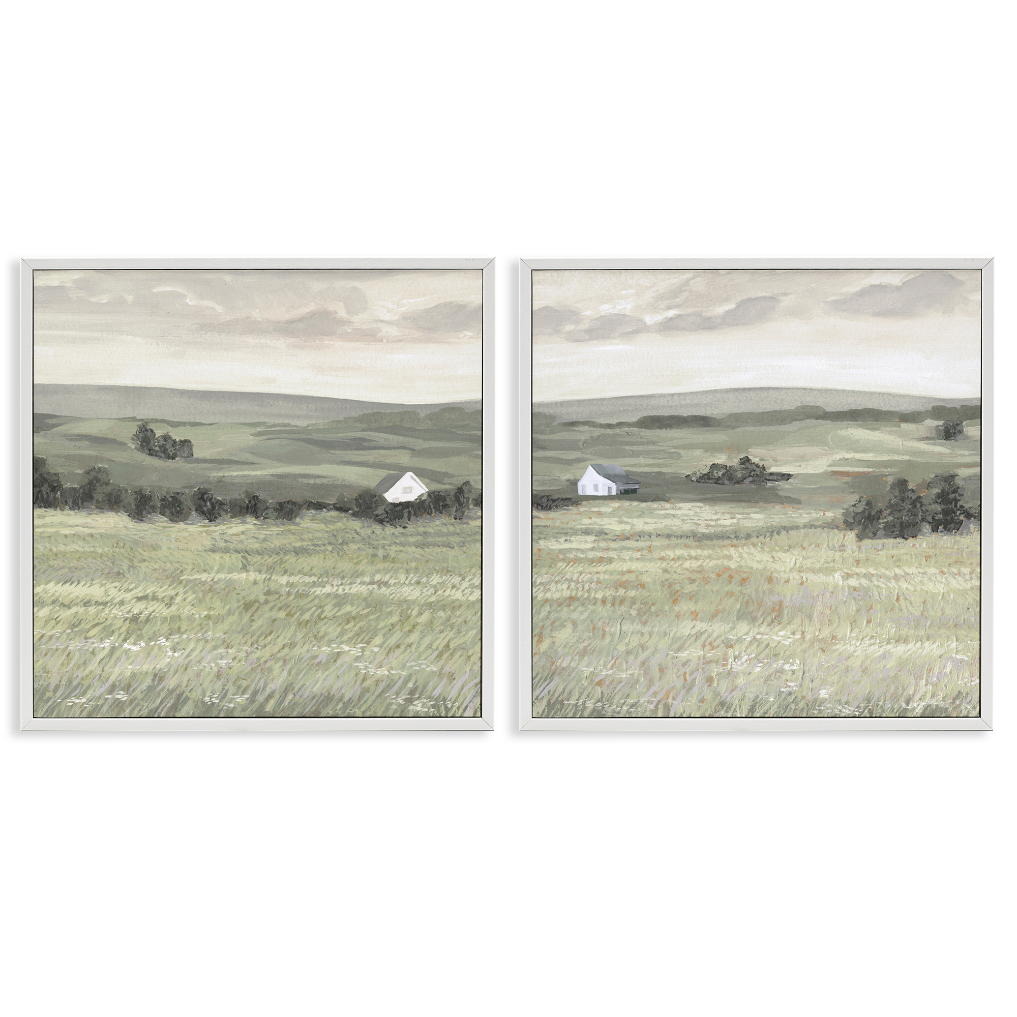 Stupell Industries Traditional Distant Farmhouse Field Landscape & Nature Painting White Framed Art Print Wall Art, 24 x 24, Set of 2