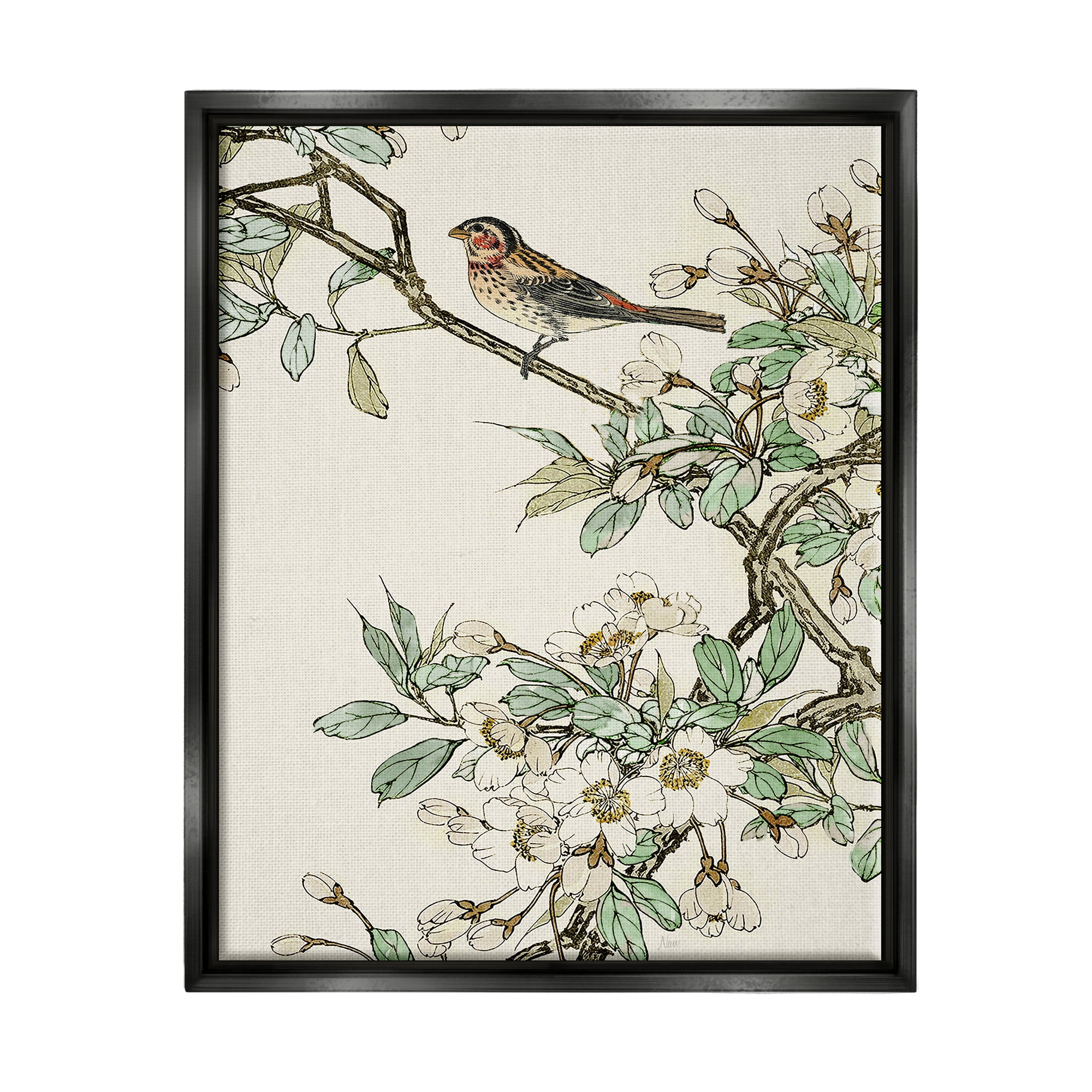 Stupell Industries Traditional Dogwood & Bird Botanical & Floral Painting Black Floater Framed Canvas Art Print Wall Art, 17 x 21