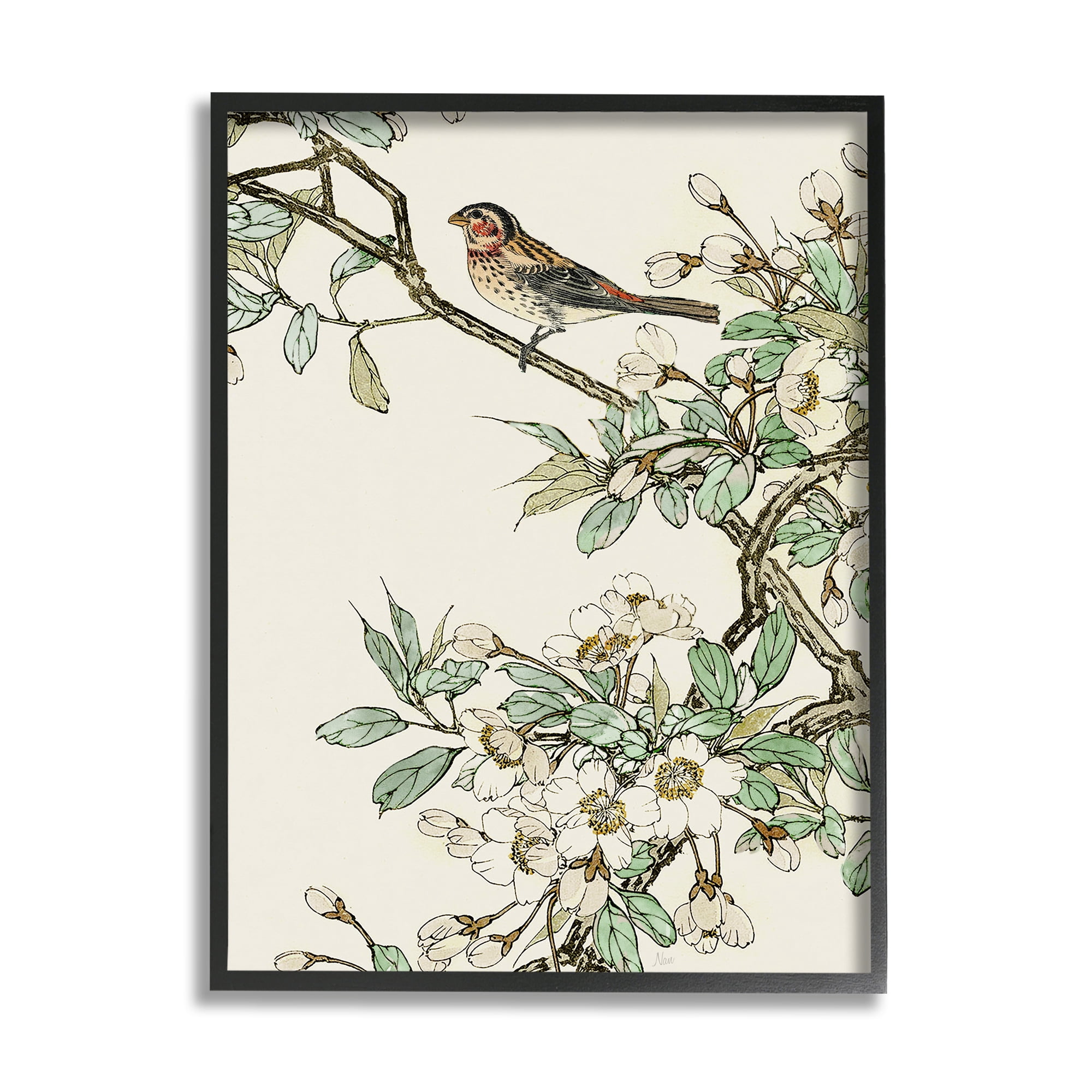 Stupell Industries Traditional Dogwood & Bird Botanical & Floral Painting Black Framed Art Print Wall Art, 16 x 20