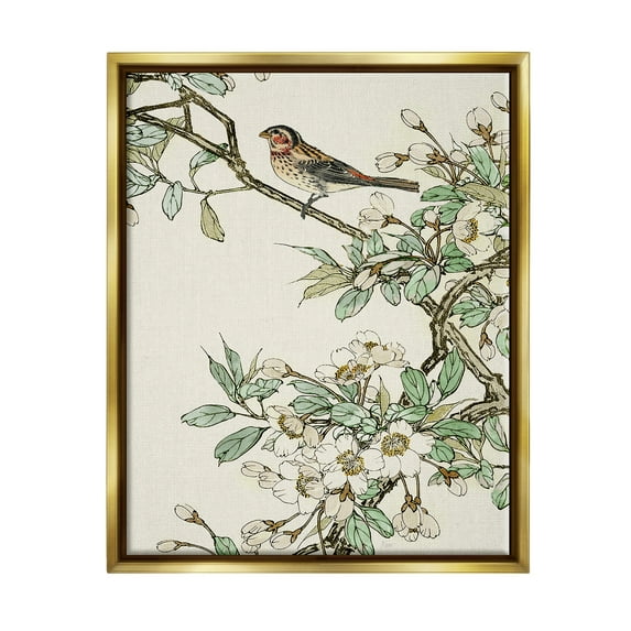 Stupell Industries Traditional Dogwood & Bird Botanical & Floral Painting Gold Floater Framed Canvas Art Print Wall Art, 25 x 31