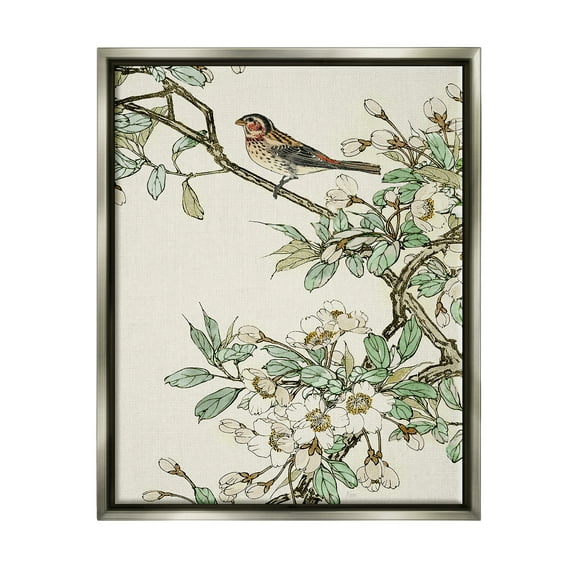 Stupell Industries Traditional Dogwood & Bird Botanical & Floral Painting Gray Floater Framed Canvas Art Print Wall Art, 17 x 21