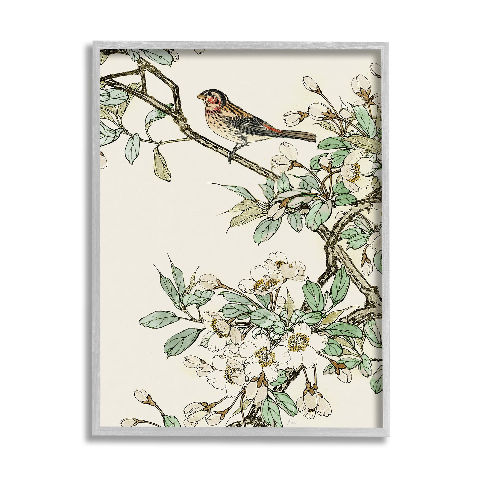 Stupell Industries Traditional Dogwood & Bird Botanical & Floral Painting Gray Framed Art Print Wall Art, 16 x 20