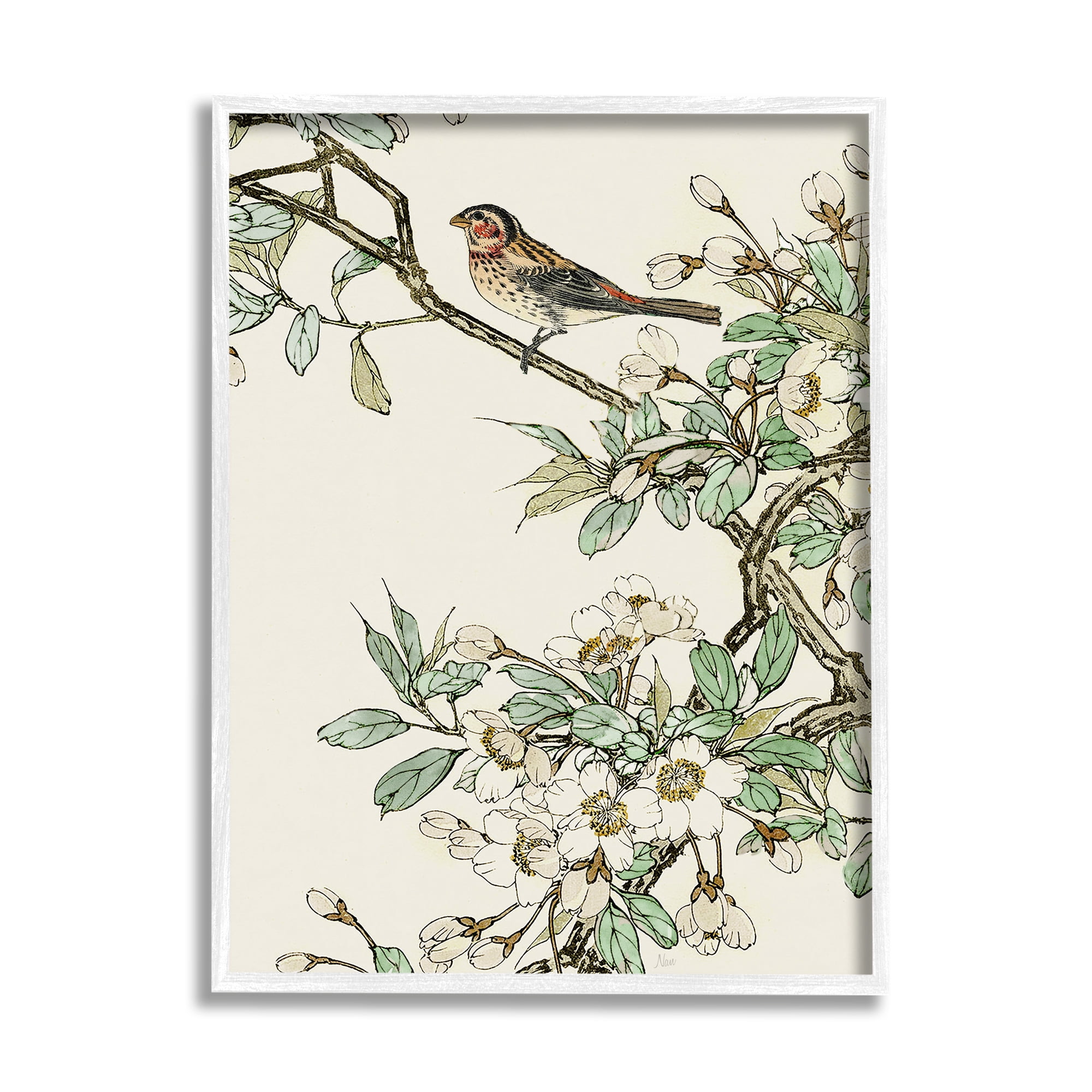 Stupell Industries Traditional Dogwood & Bird Botanical & Floral Painting White Framed Art Print Wall Art, 16 x 20