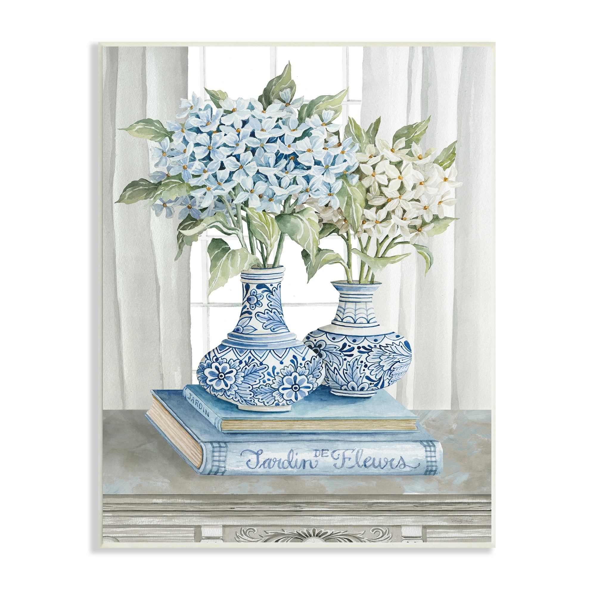 Stupell Industries Traditional Dogwood Floral Bouquets Blue Books Stacked, 10 x 15,Design by Cindy Jacobs