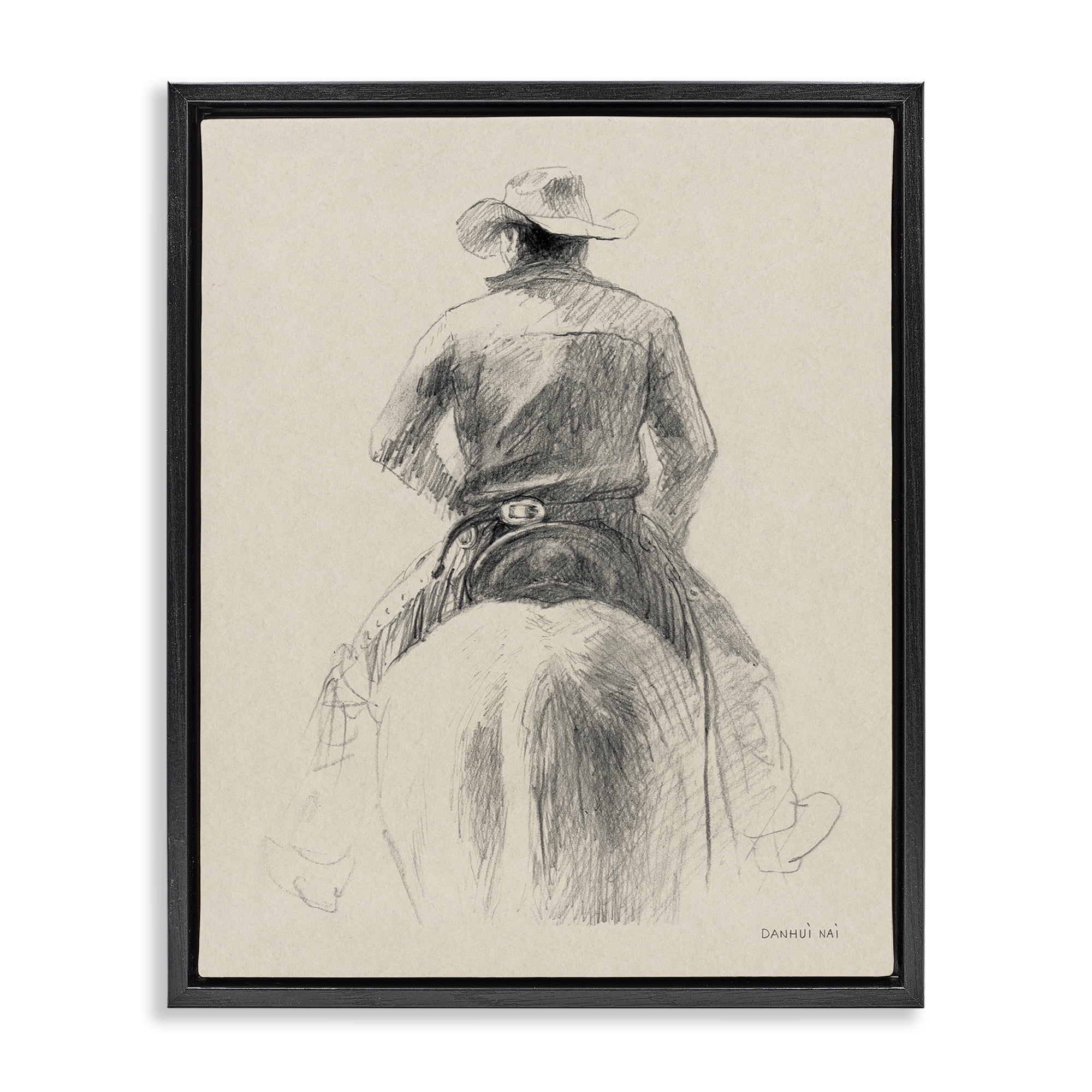 Stupell Industries Traditional Drawing of Cowboy People Drawing Black Floater Framed Canvas Art Print Wall Art, 17 x 21